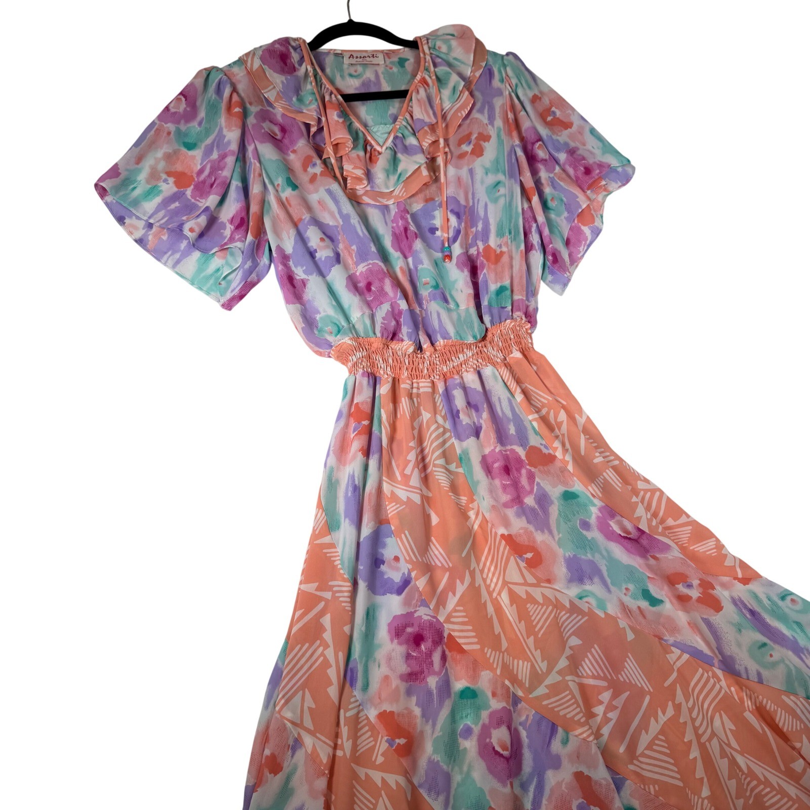 Vintage Susan Freis Assorti Pastel Floral Ruffle Midi Dress Lrg 80s 90s Smocked