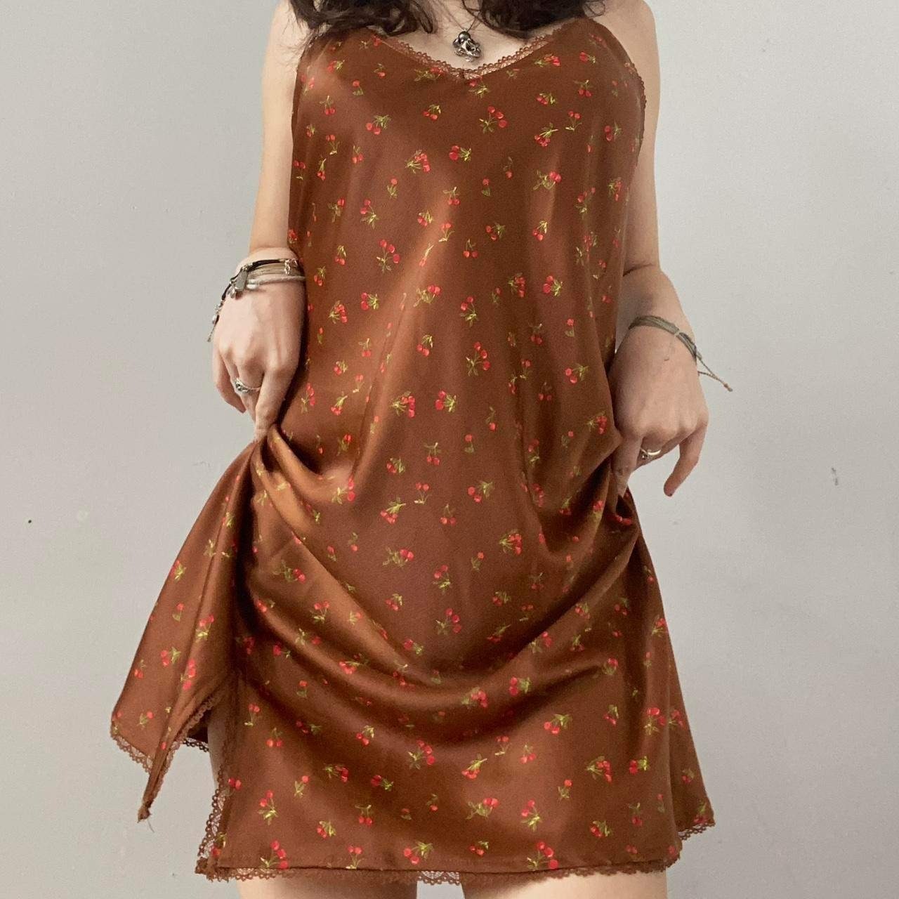 🍒 90s Style Cherry Print Babydoll Slip Dress Coquette Lace Trim Going Out Dress