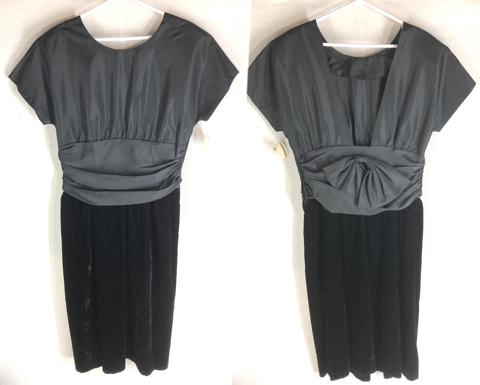 Vintage AMY DEB dress sz 14 Fitted Gathered Waist Velvet Skirt Low Cut Back Bow