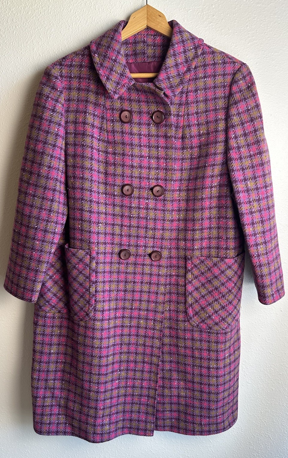 Vintage Sears Fashion Plaid Wool Blend Coat Women’s Pink Purple Long Overcoat