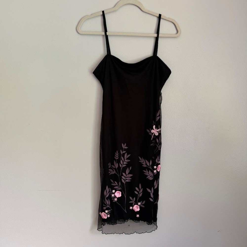 Vintage 90s Black Mesh Floral Embroidered Slip Dress Medium Bonkers Clothing Co