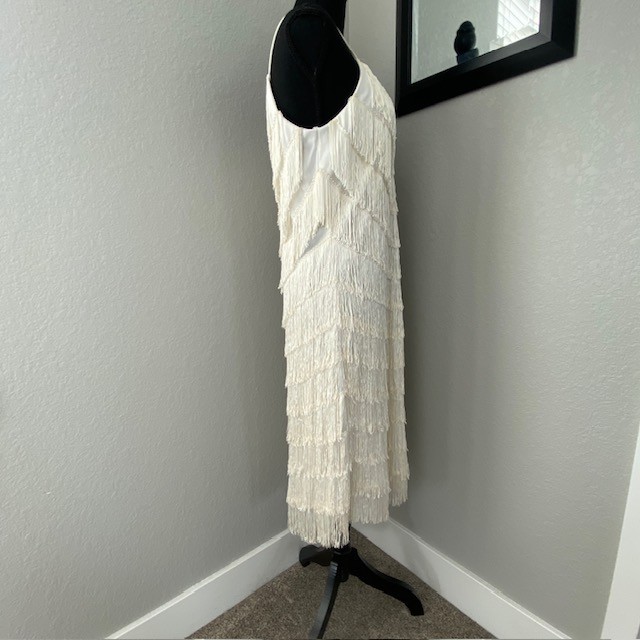 VINTAGE 70s Joy Stevens Ivory Fringe Flapper Gatsby Dress Sz 12