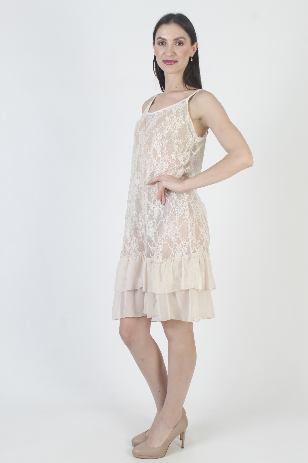 Vtg Victorian Lace Dress Cream Sheer Edwardian Antique See Through Midi Slip