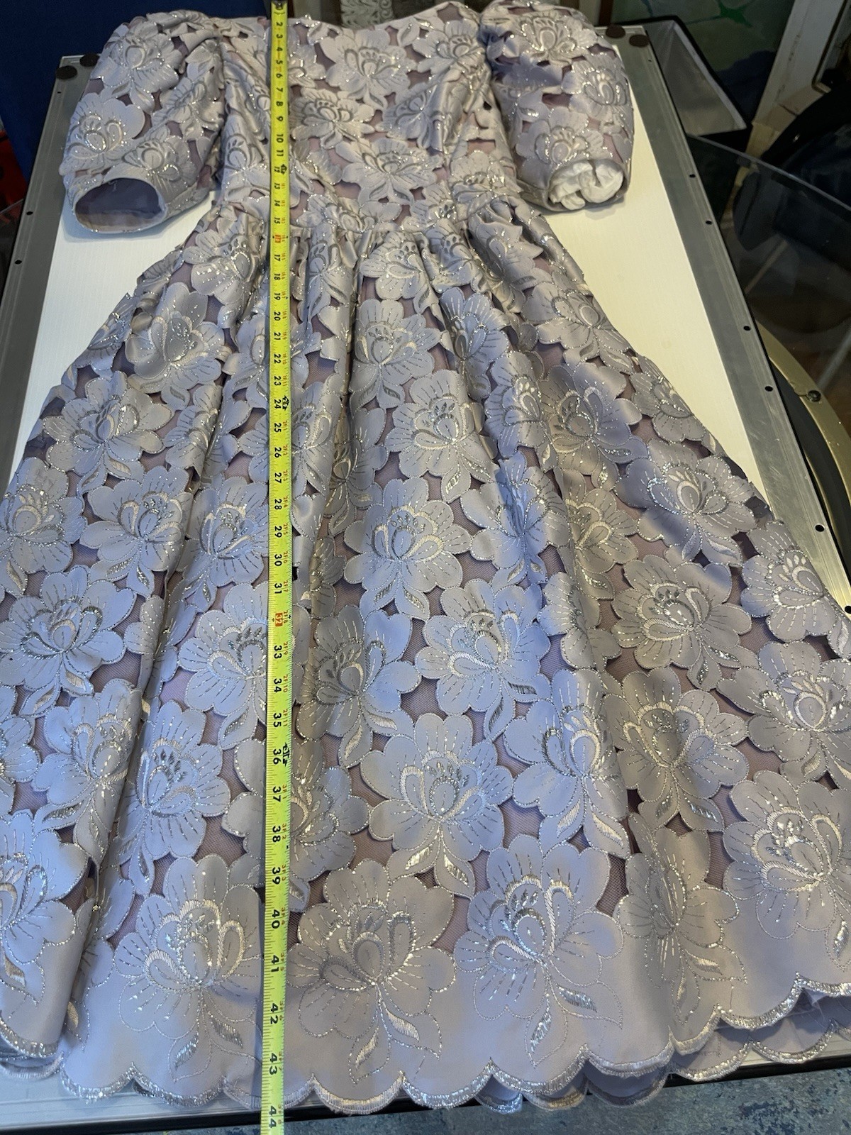 80s Handmade Floral Tea Cottagecore Dress Back Bows Full Skirt Metallic Vintage