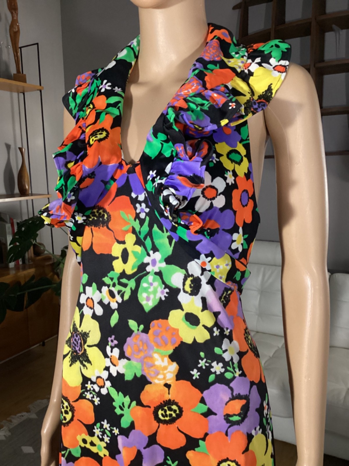 Vintage 70’s Joseph Magnin Bright Floral Flower Power Ruffle Halter Maxi Dress