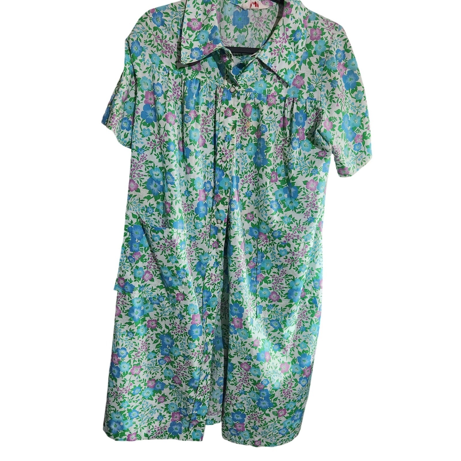 House Dress Blue Purple Green Snap Front Duster Robe Smart Time Vtg Floral xl
