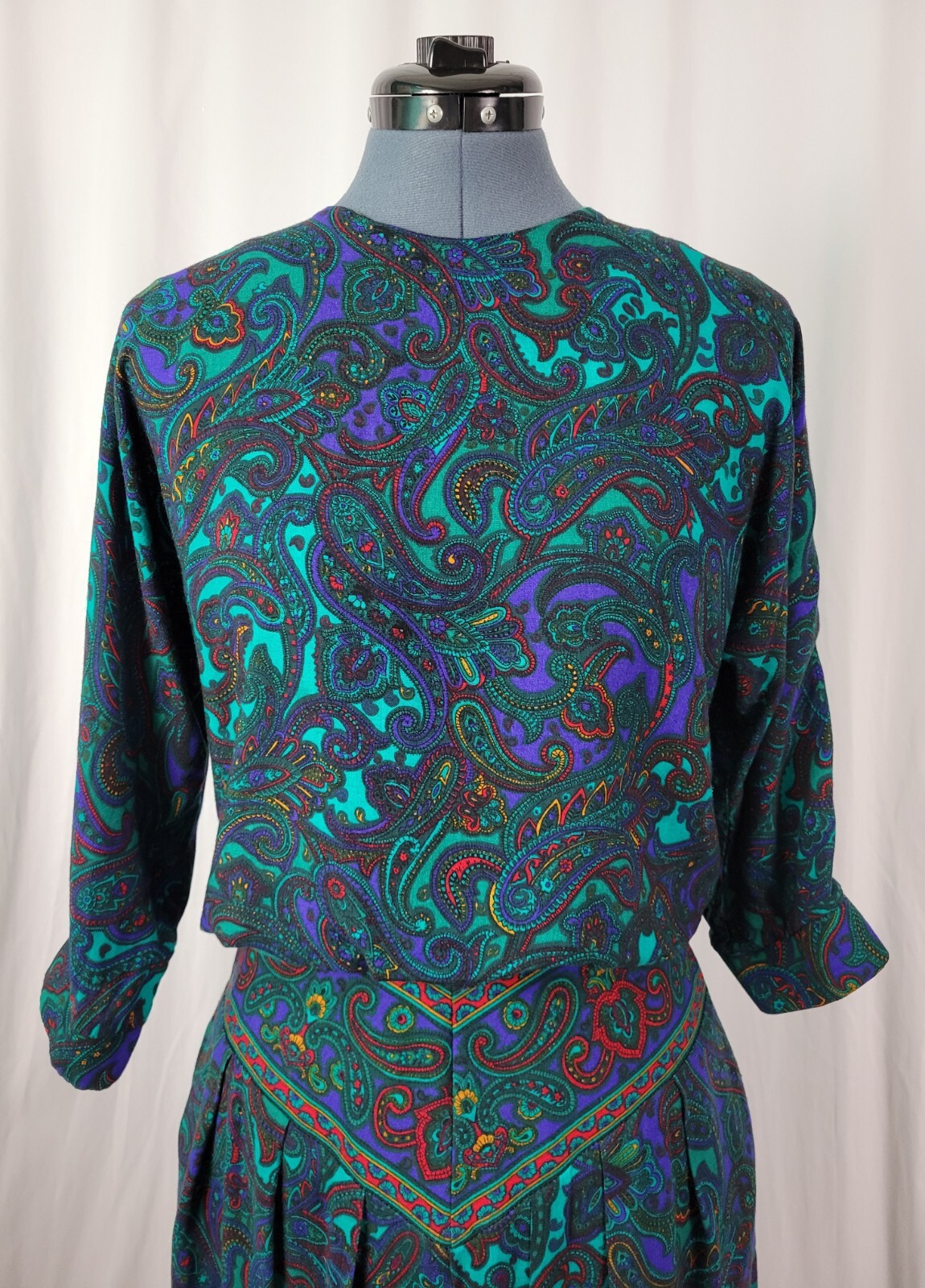 Vintage VLP Petites Green & Purple Paisley Blouson Secretary Dress SIze 8