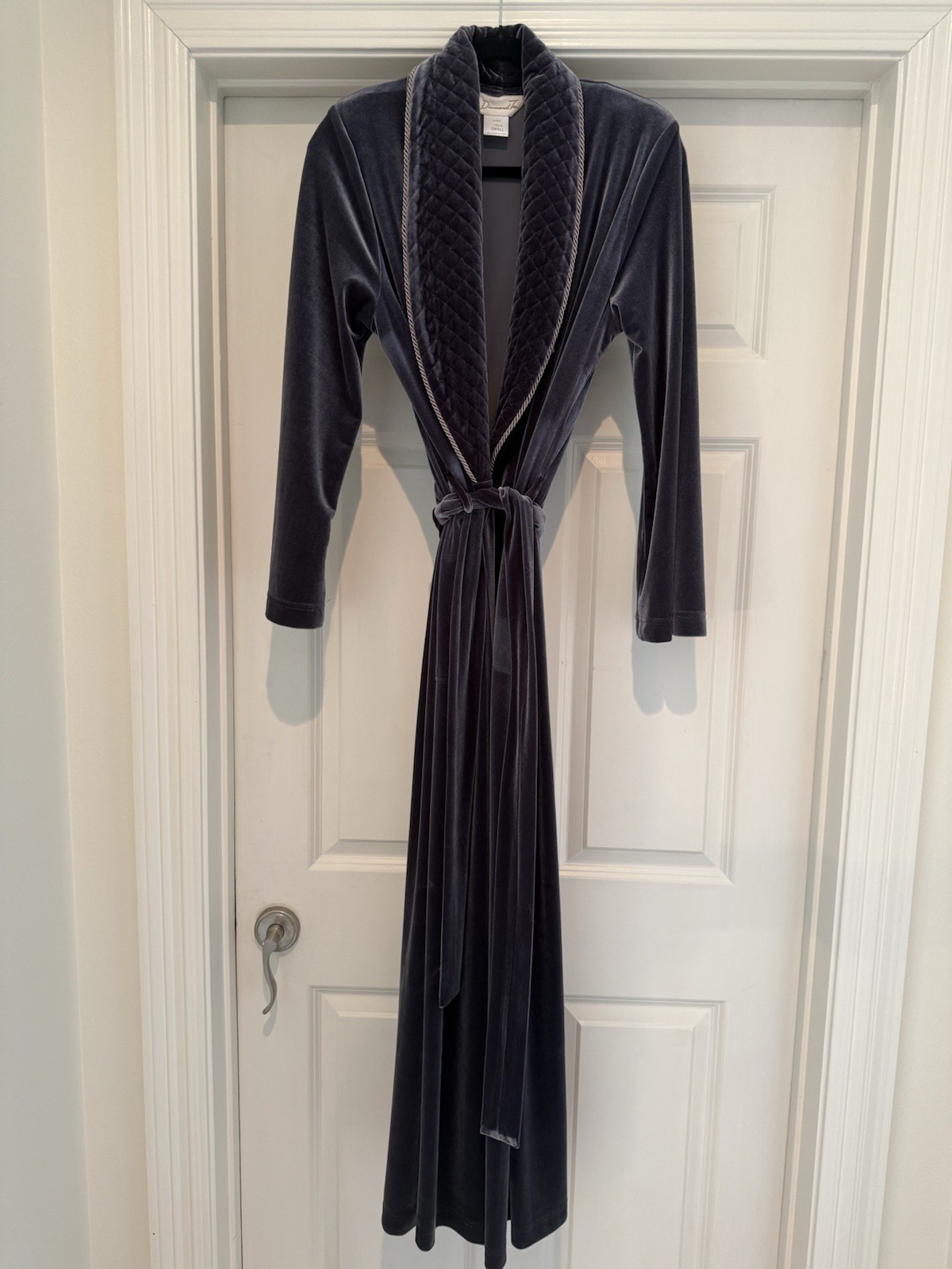 Vintage Diamond Tea Womens Velvet Velour Long Robe Dressing Gown Grey Quilted S