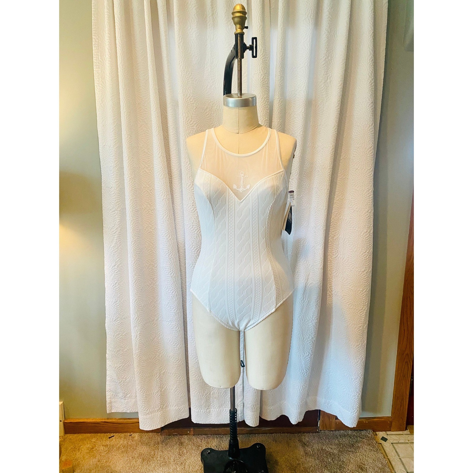 Vintage Jantzen Cable Knit White One Piece Mesh Window Swimsuit, Size 10