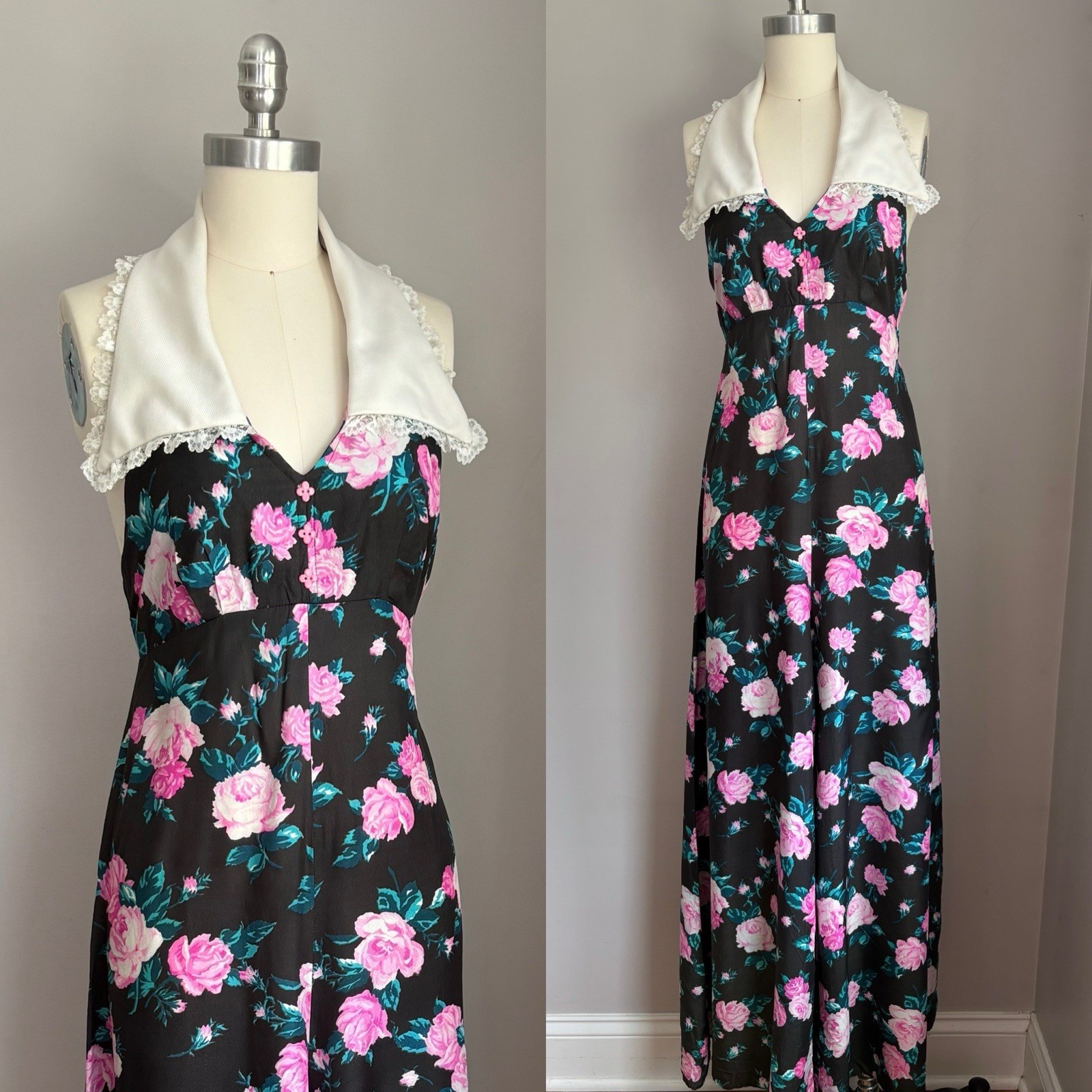 Vintage 70s Backless Halter Style Roses Palazzo Pants Bellbottoms Jumpsuit XS/S