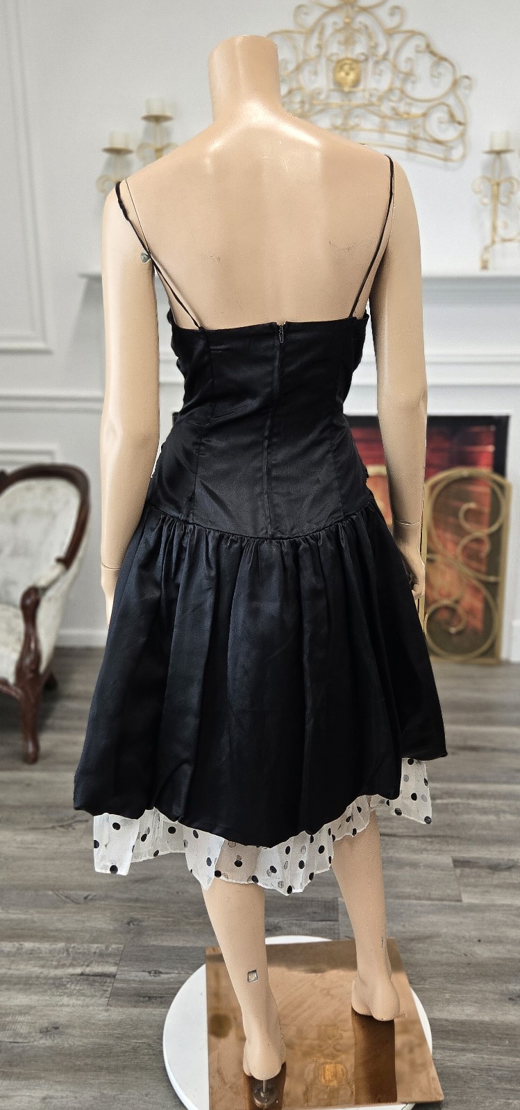 90s Black Satin Prom Dress Midi Vintage Party Homecoming Polka Dot Sz M 9/10