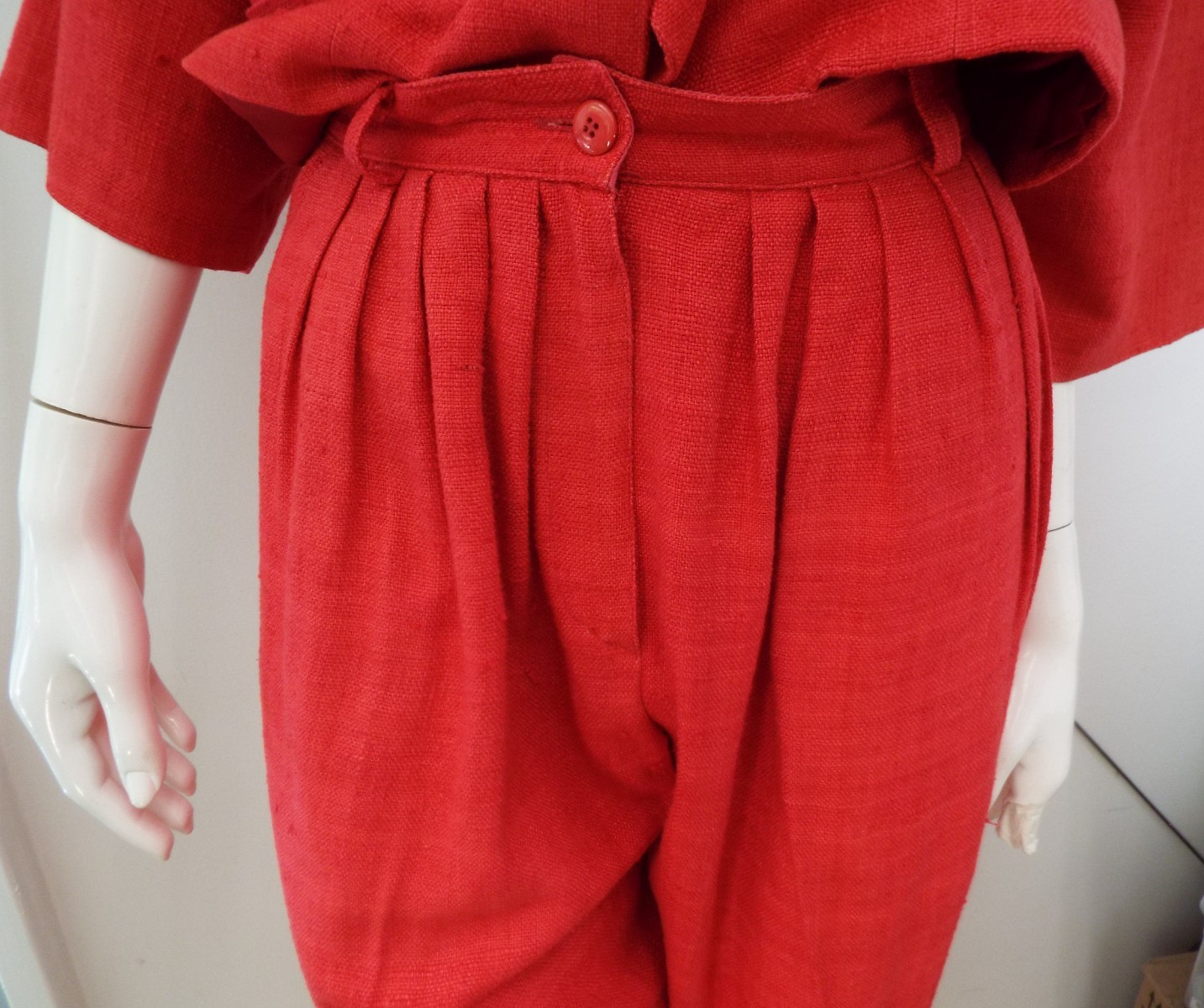 Vintage 1980s KENZO Red Silk Suit Cropped Blazer Jacket & Pleated Pants 38 Small