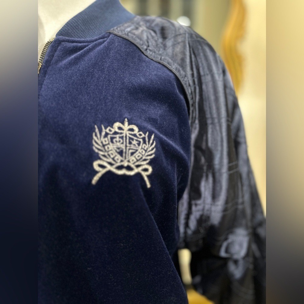 LAVON Velvet Bomber Jacket Navy Blue Y2K 90s Sporty Prep Athleisure Size Large
