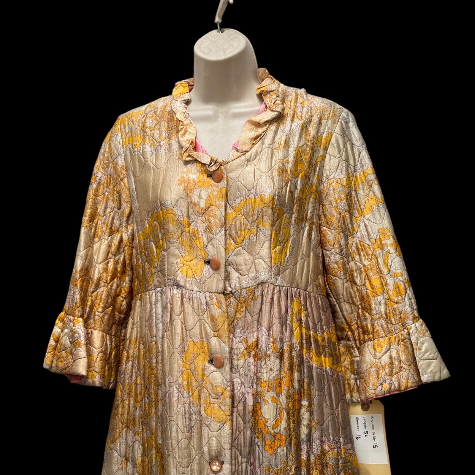 Vintage 1960s Quilted Hostess Gown Pink Sash Lounge Robe Psychedelic Print