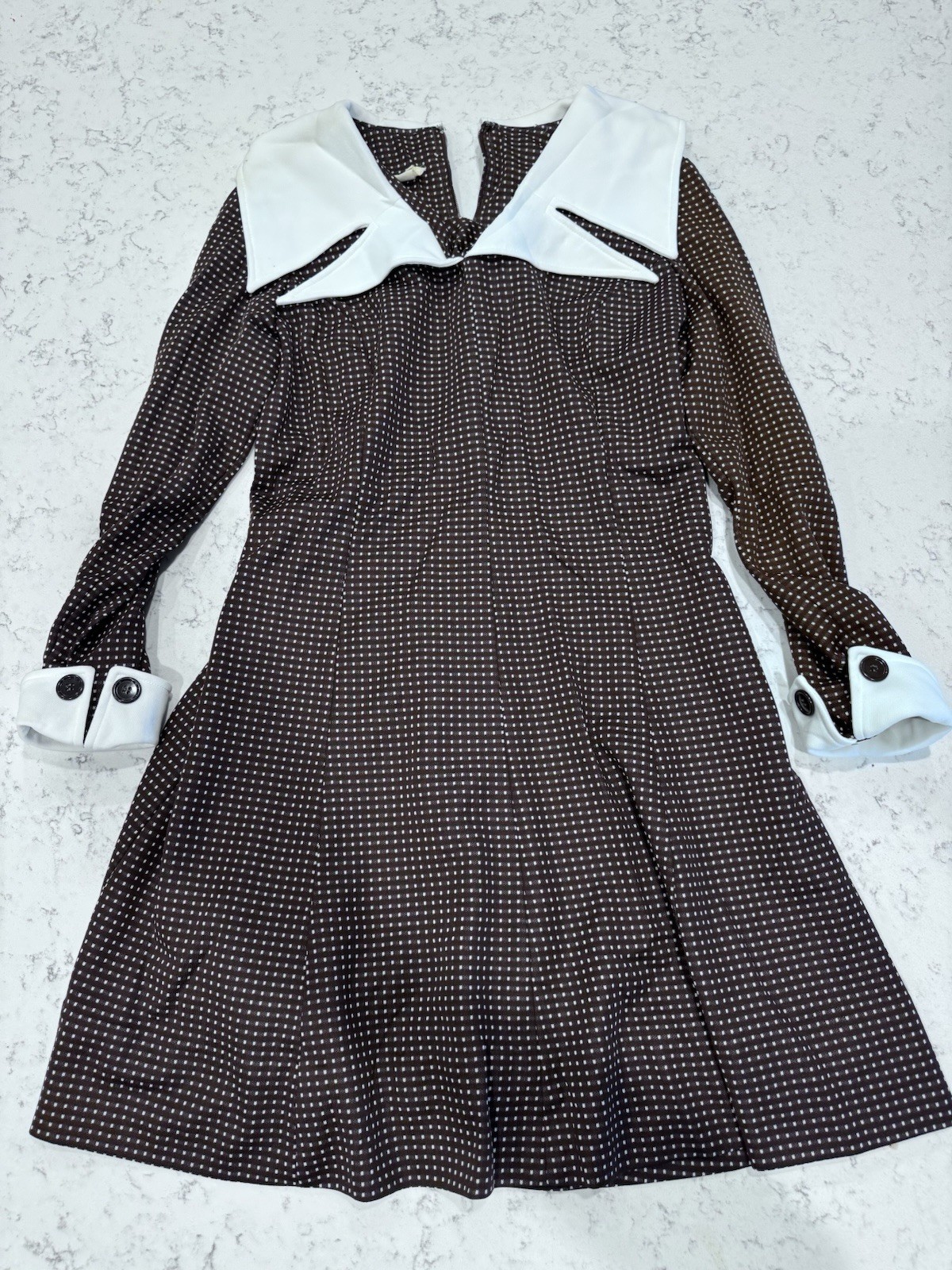 Vtg 70s Black Polka Dot White Collar Dress Mod Polyester Mini 36” Sz 18 *Read BH
