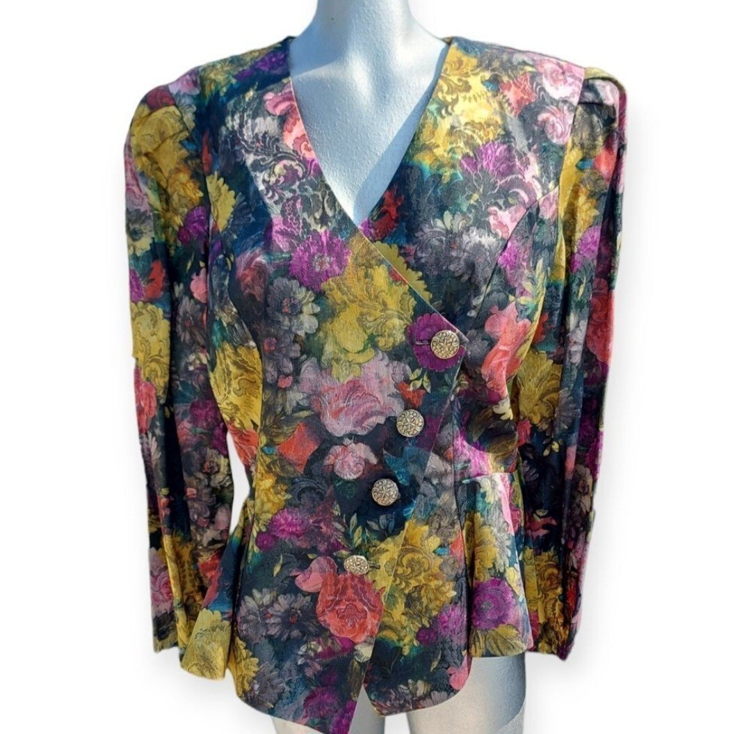 Vintage Nu-Mode 80s Floral Fitted Shoulder Pad Pleated Jacket