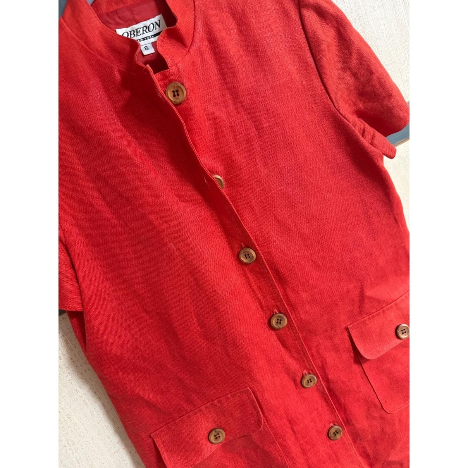 Oberon New York Vintage Red Linen Button Front Shift Dress Mandarin Collar 8