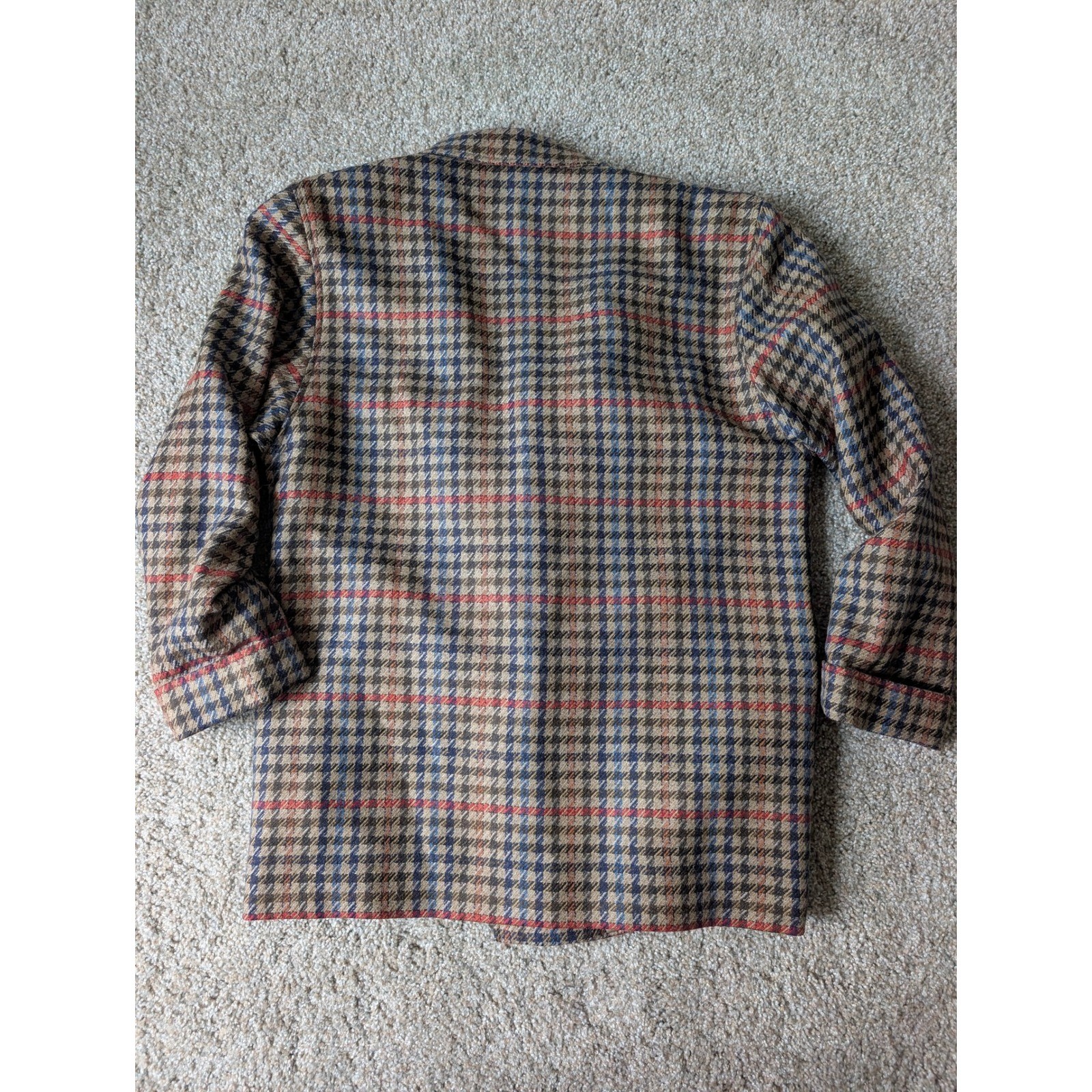 Vintage Pure New Wool Double Breasted Houndstooth Plaid Blazer Tan Blue Red