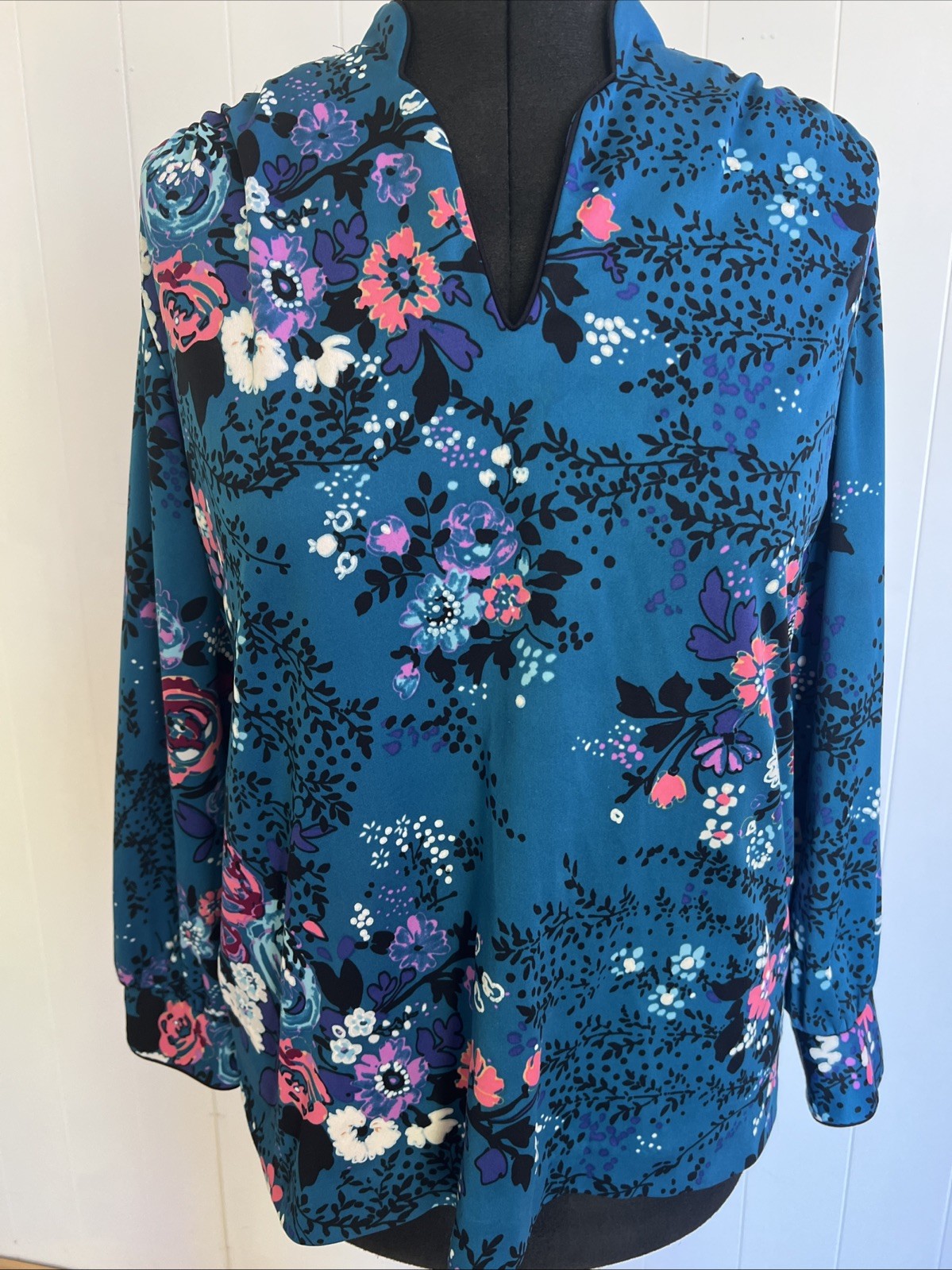 VTG 70s Peggy Lou California Floral Blouse Top V-Neck Teal Pink Size 38