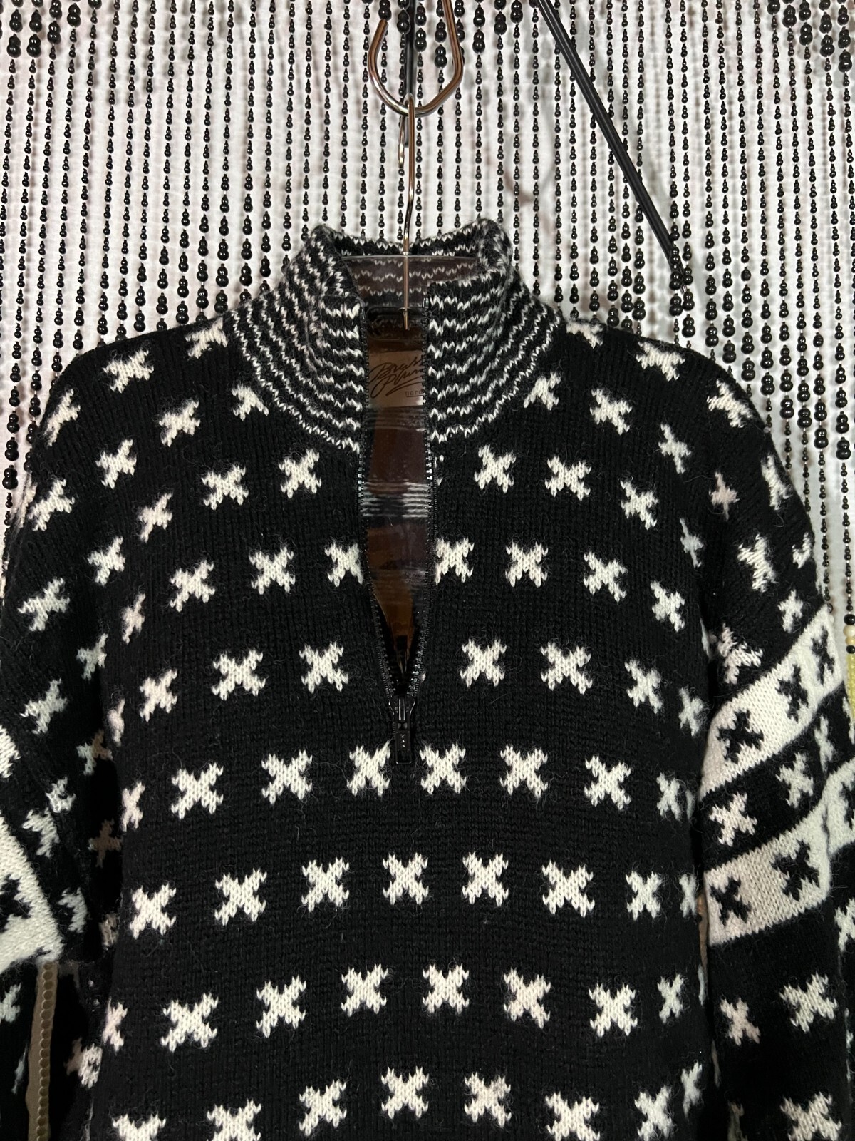 VTG 90s Brass Plum Nordstrom Wool Hip Sweater Turtleneck Zip Black White Geomt M