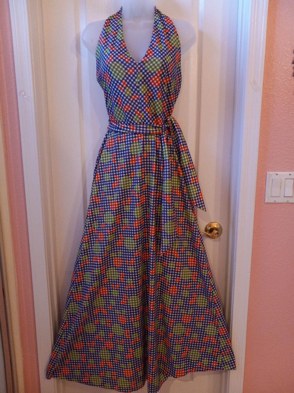 Vintage 70s Jonathan Logan Hippie Groovy Apple Polka-dot Halter Maxi Dress S/M