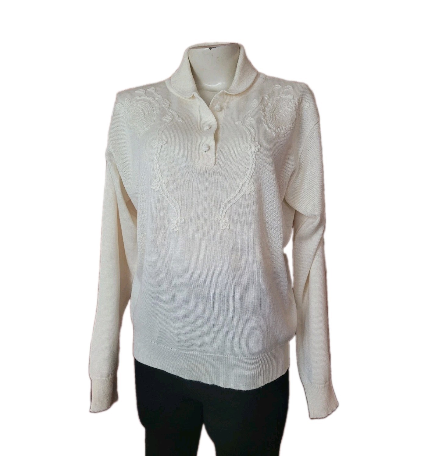 Tanjay Vintage Hand Embroidered Sweater Women’s Medium Cream Wool Blend Cardigan