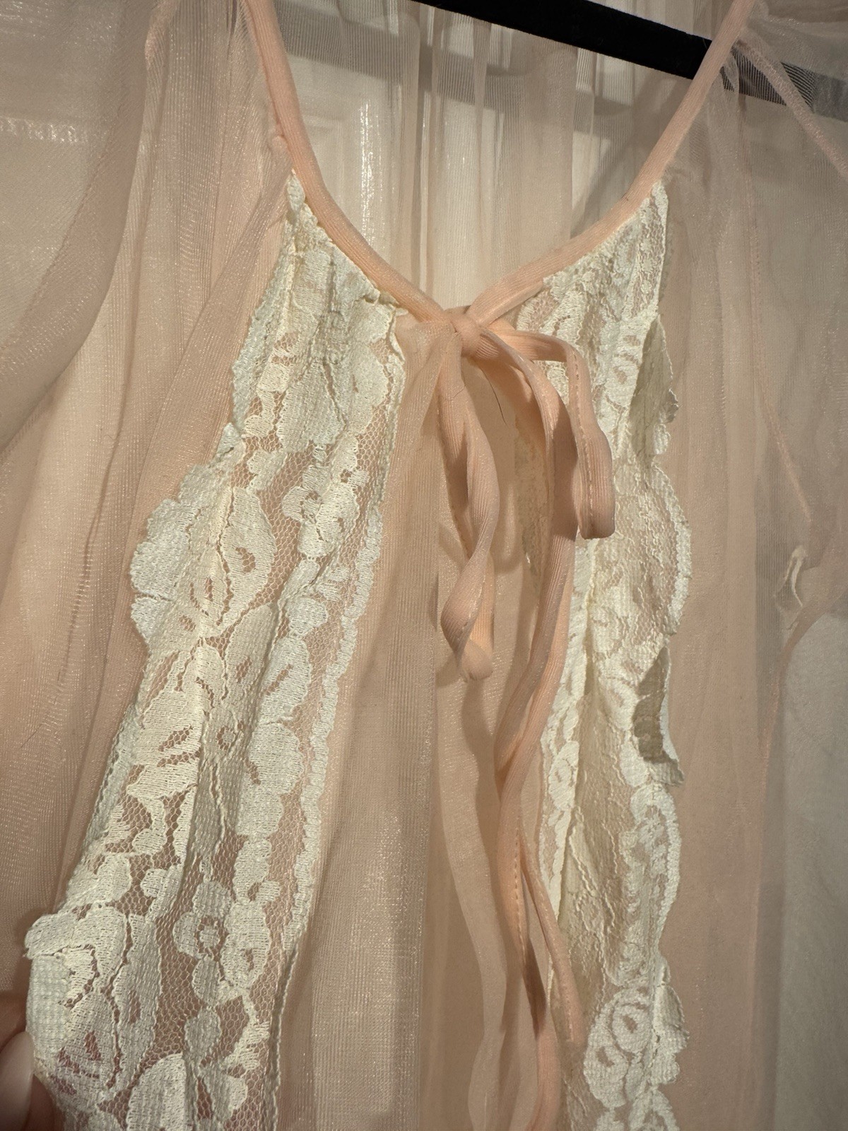Vintage Sheer Nylon Chiffon Robe Babydoll Pink Lace Sz S Peignoir Sabrina