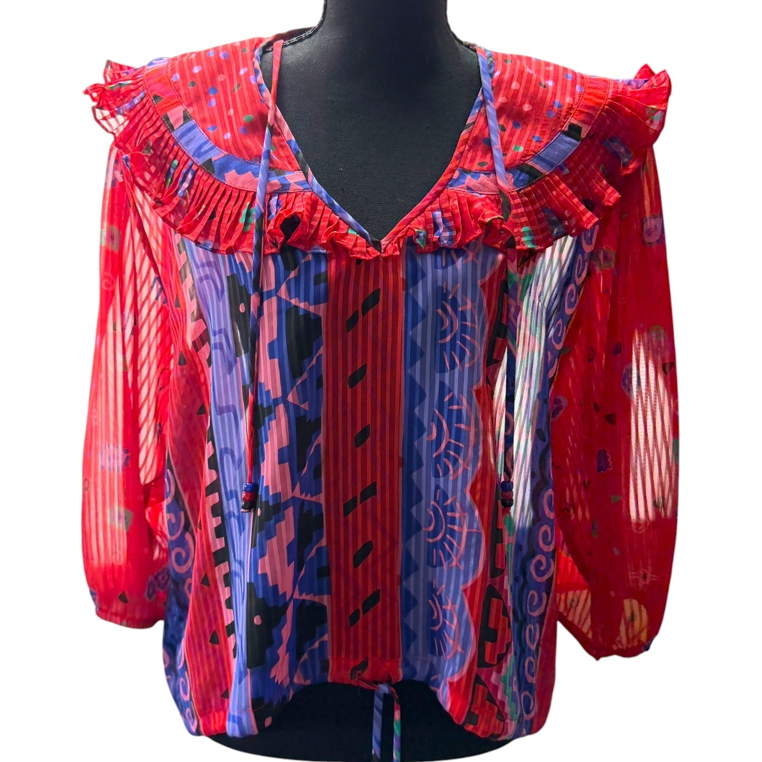 Assorti for Susan Freis Women’s L Multicolor Pleated Ruffle Boho Blouse USA
