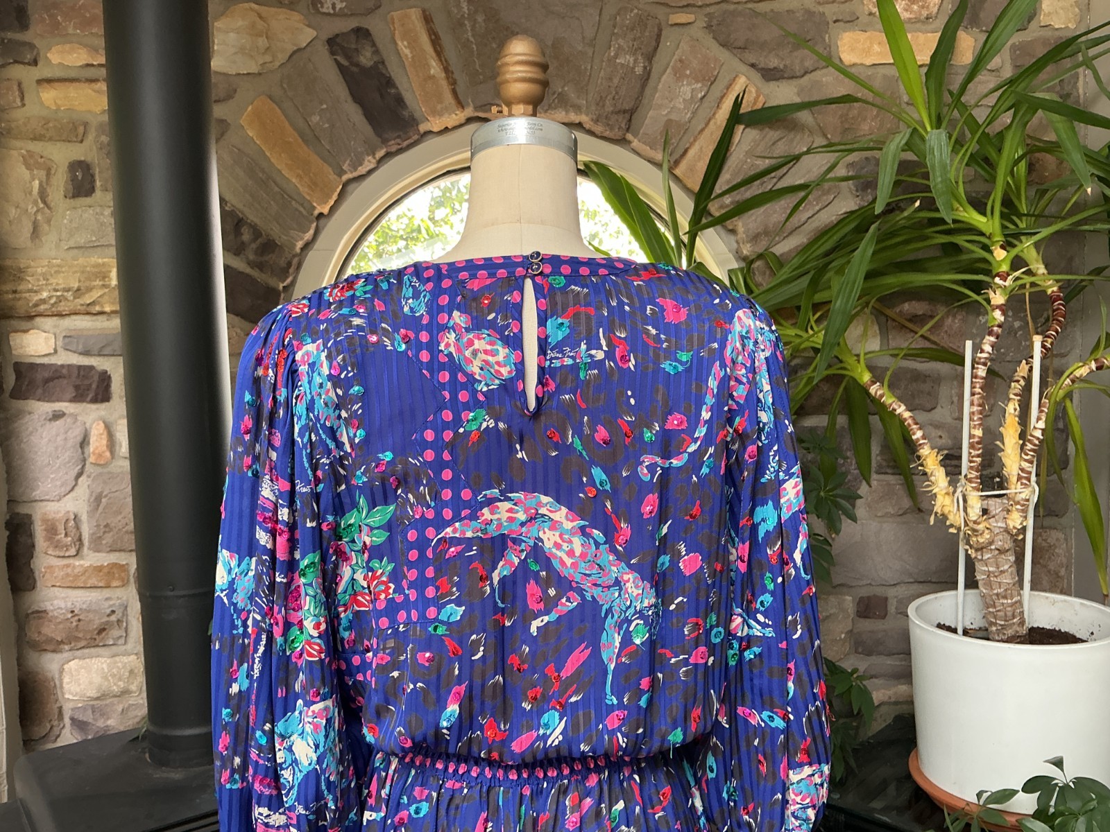 Vintage Blue and Pink Sequin Panther and Floral Print Midi Dress Diane Freis