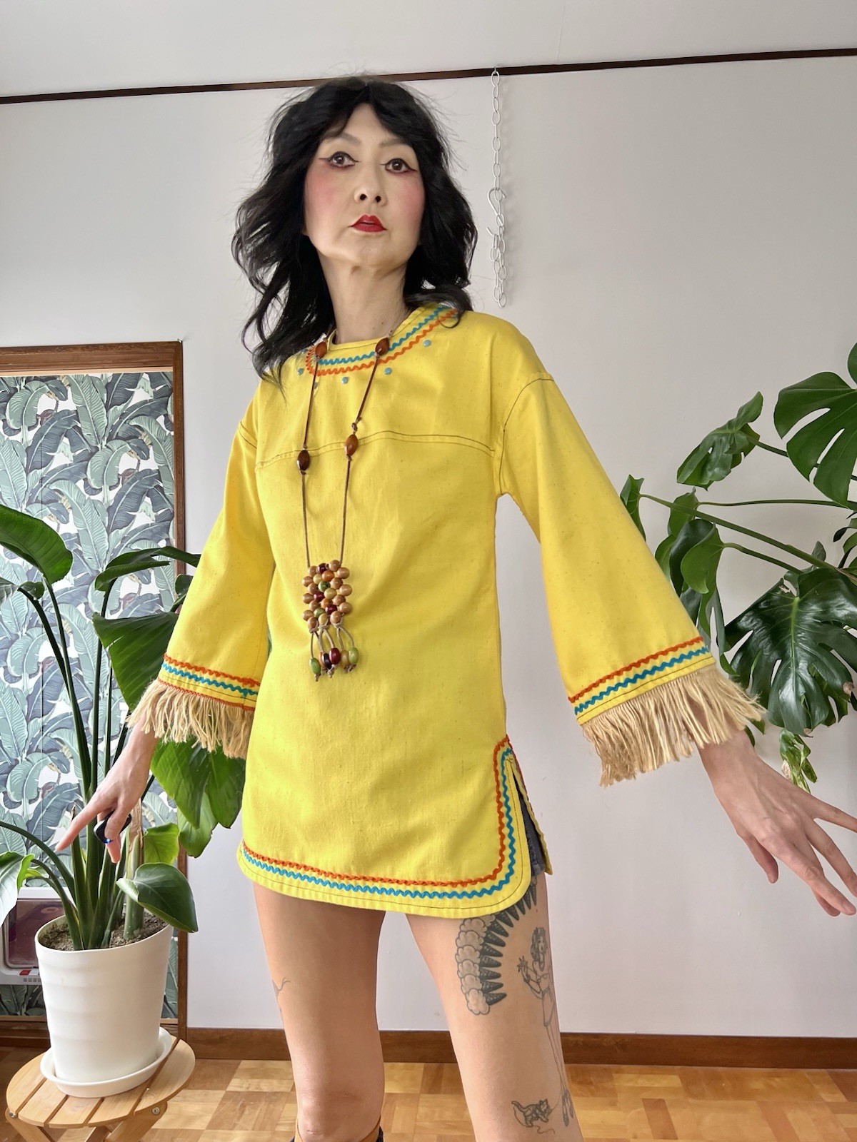 VTG 60s 70s Trivia By Charm Of Hollywood MOD Hippie Fringe Cotton Tunic XS/S