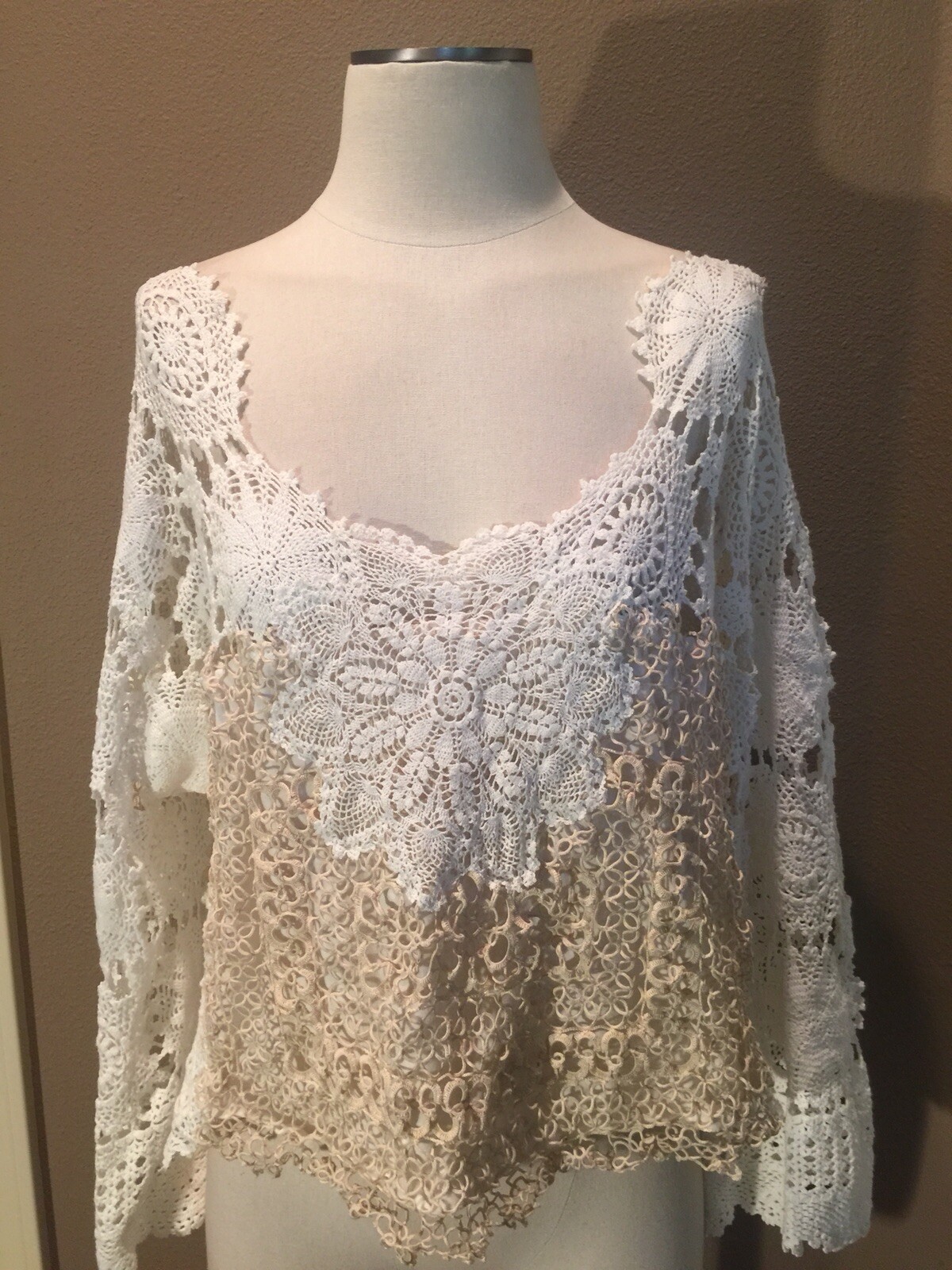 Antique Vtg Handmade M White Crochet Tatted Lace Coquette Top Blouse