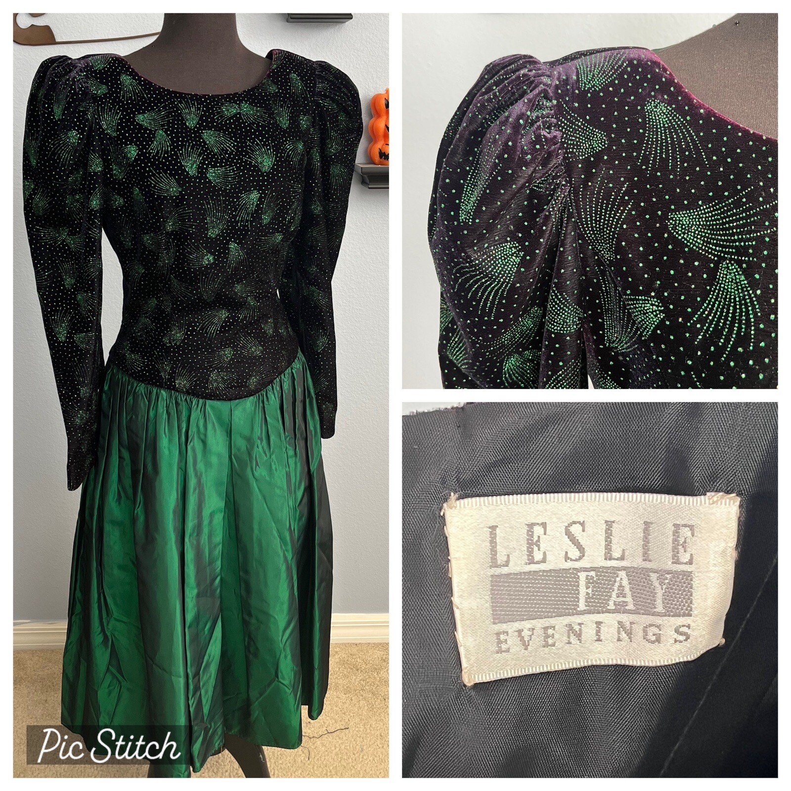 Vtg Black Velvet Taffeta Leg Of Mutton Sleeve Dress Leslie Fay Evenings XS