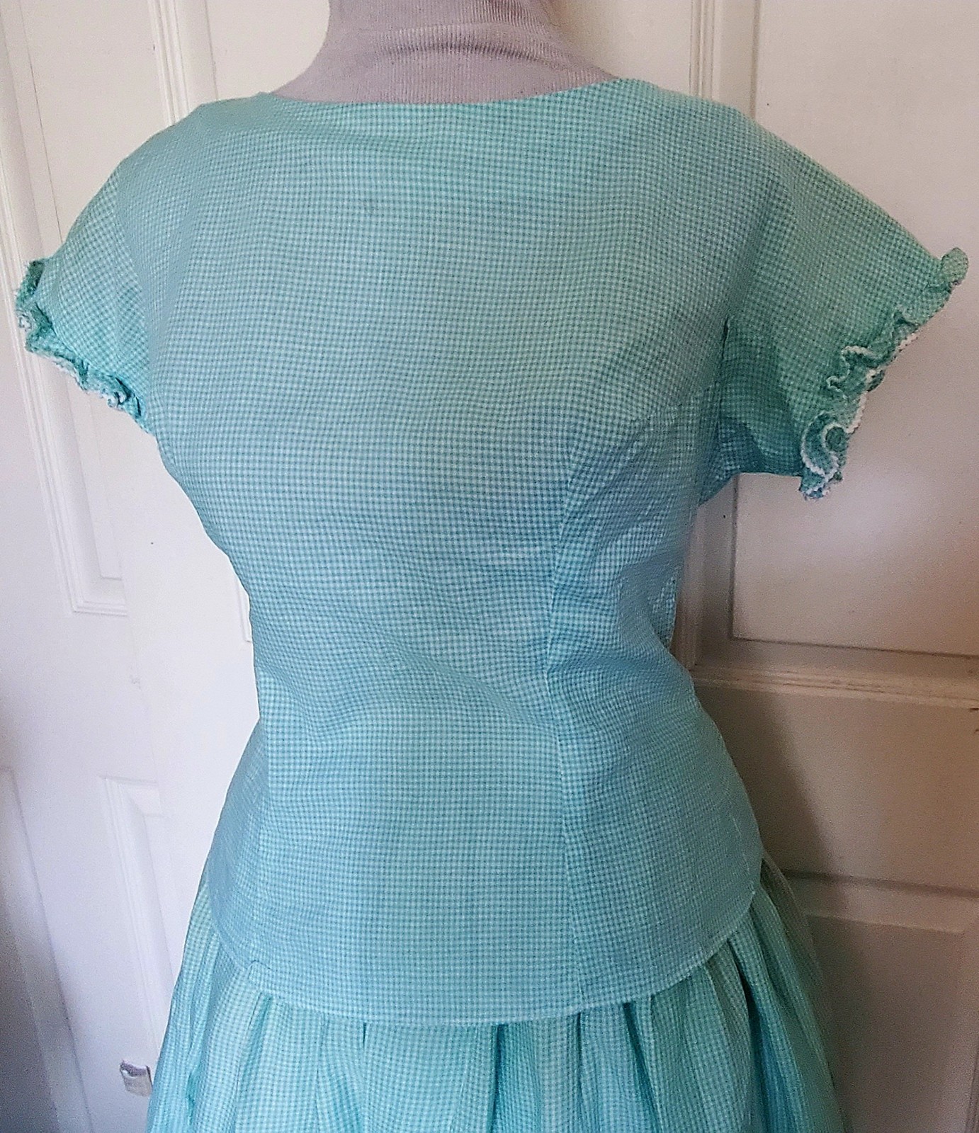 Vintage 40s 50s Aqua & White Gingham Check Top Skirt Set Miss Pat California B36