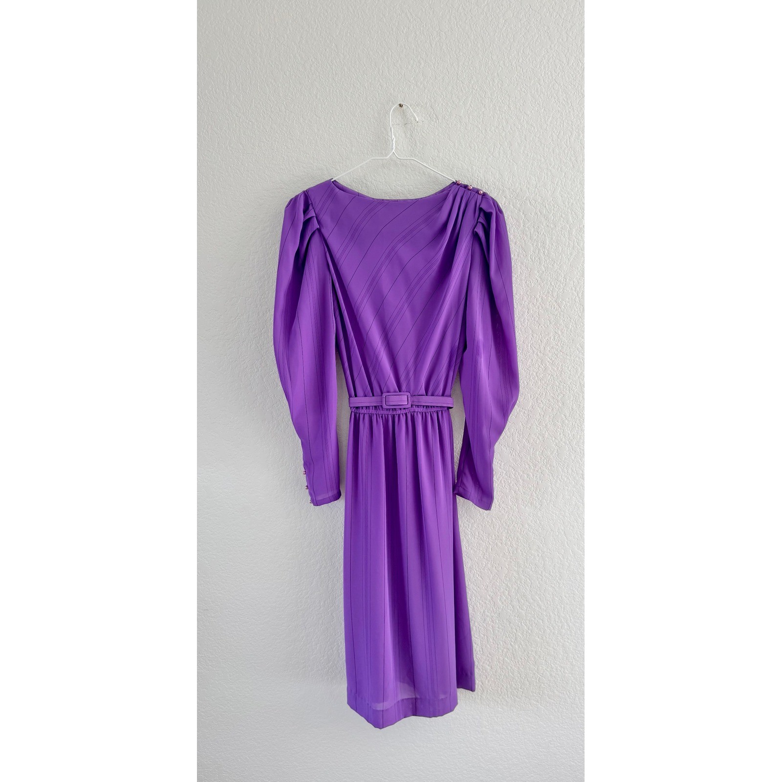 Charlee Allison Vintage Dress Women 7/8 Purple Pinstripe 80s Shoulder Pad Belted