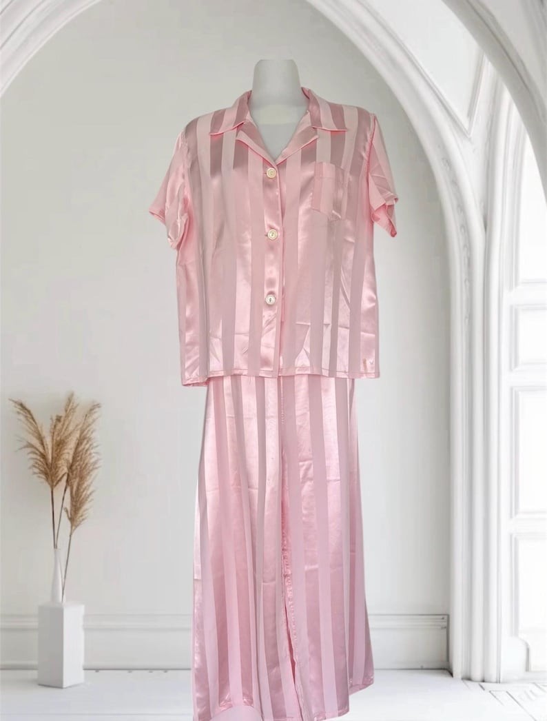 1940’s 1950’s Rare Vintage Soft Pink Striped Satin Silky Lounging PJ’s