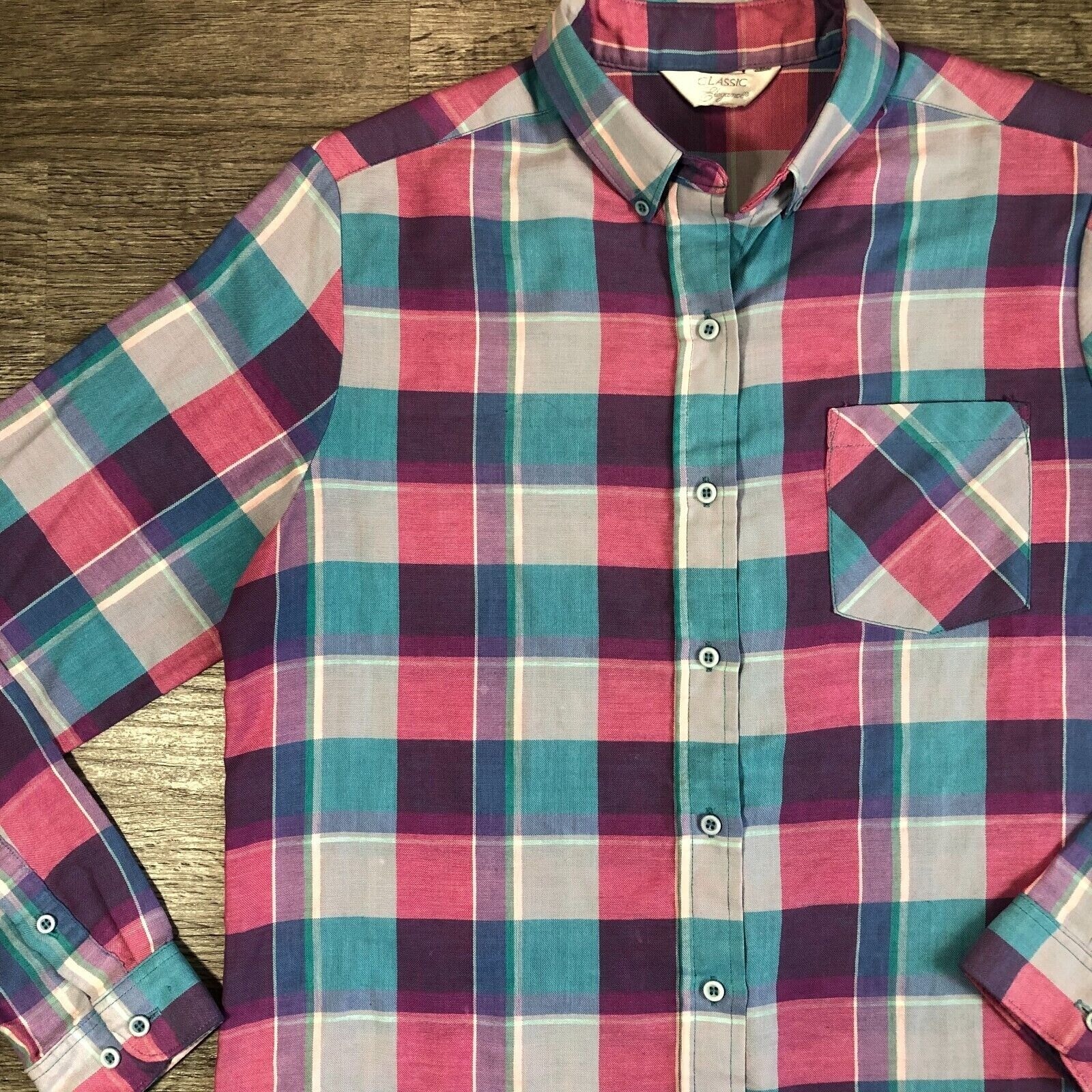 Vintage 80s 90s Retro Classic Elegance Pink Purple Plaid Spring L/S Casual Top