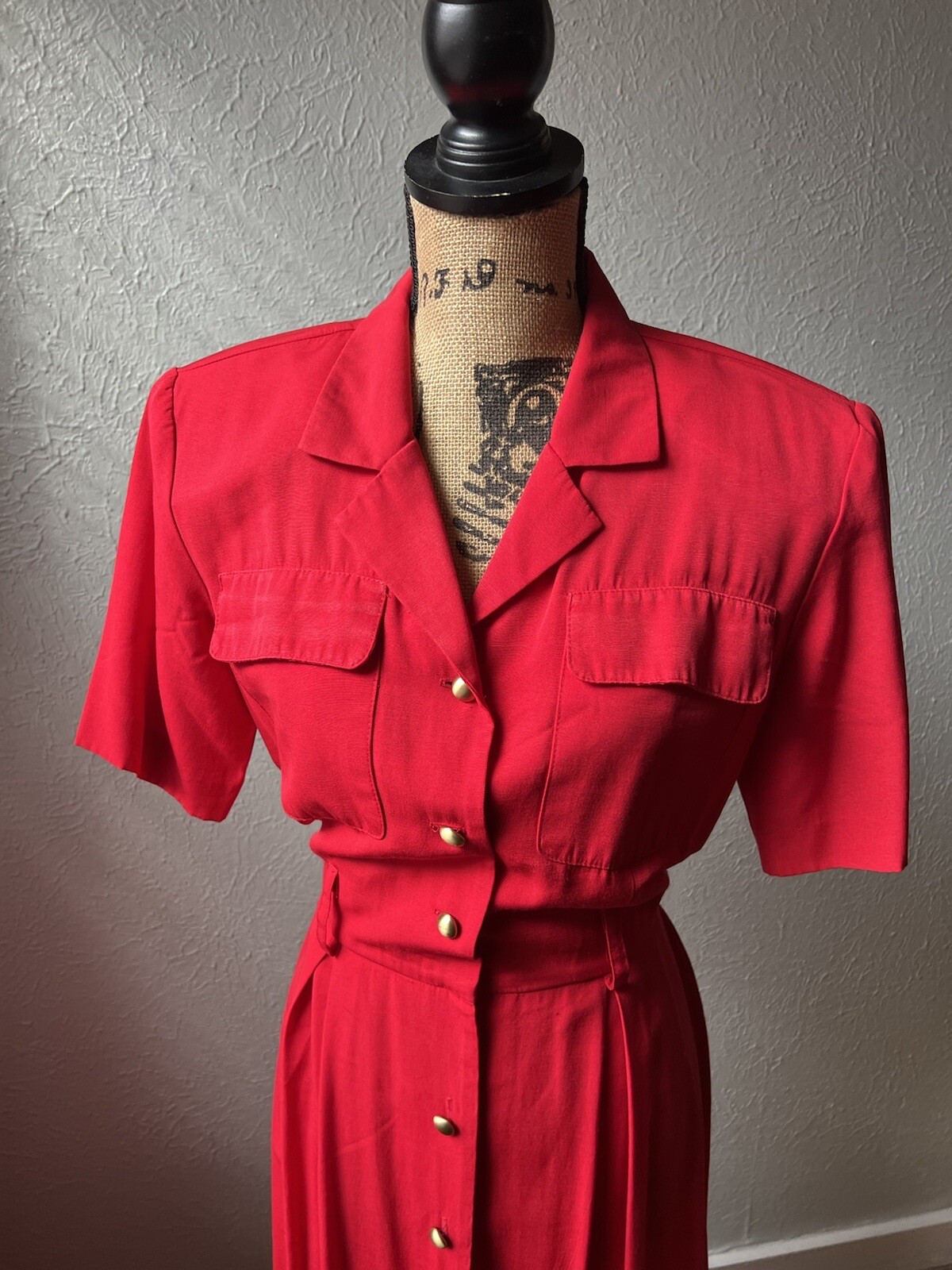 1980s Lipstick Red Button-Up Shirt Dress S M 80s Stranger Things Secretary Retro