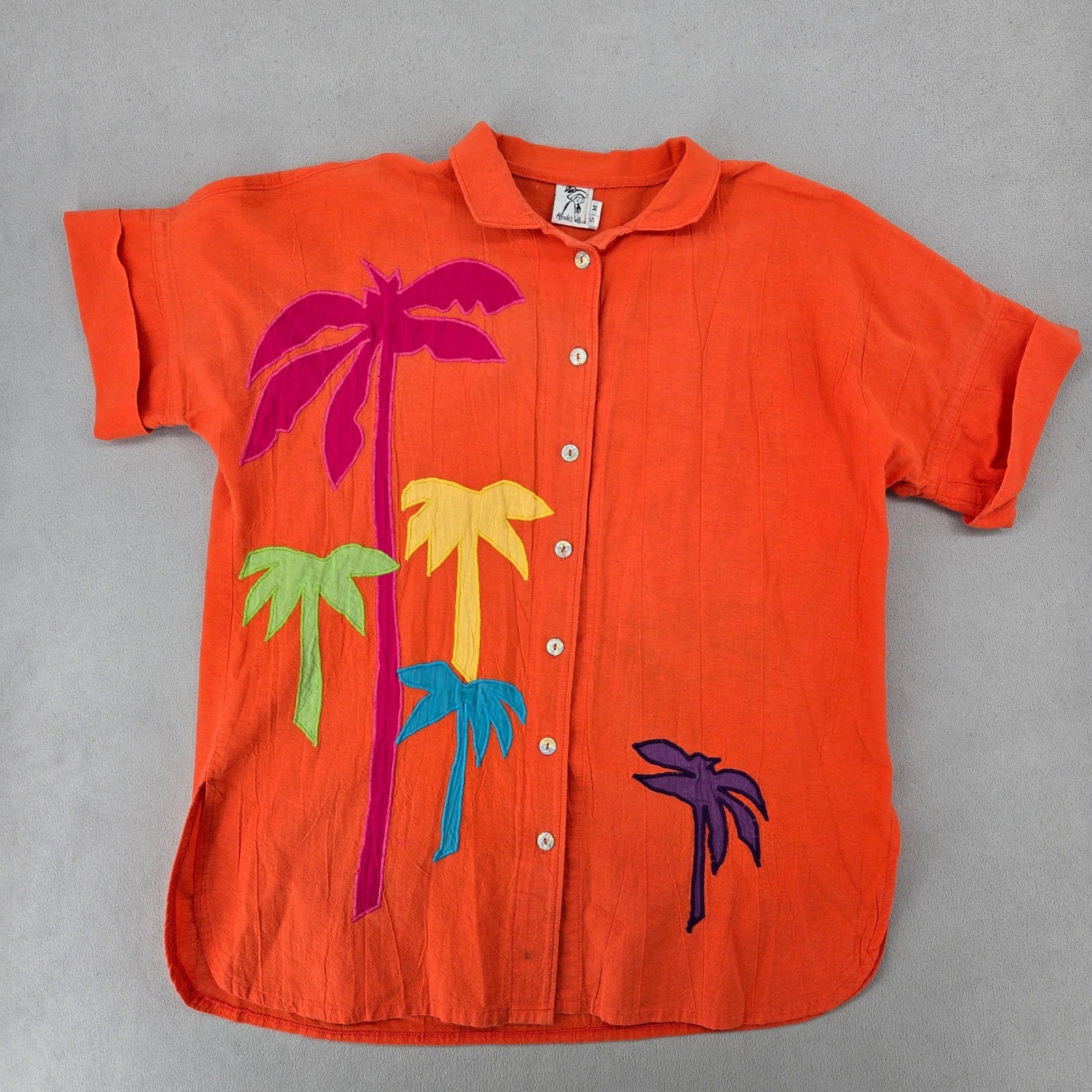 Alfredo’s Wife Womens Small Medium Orange Palm Tree Applique Vintage Shirt
