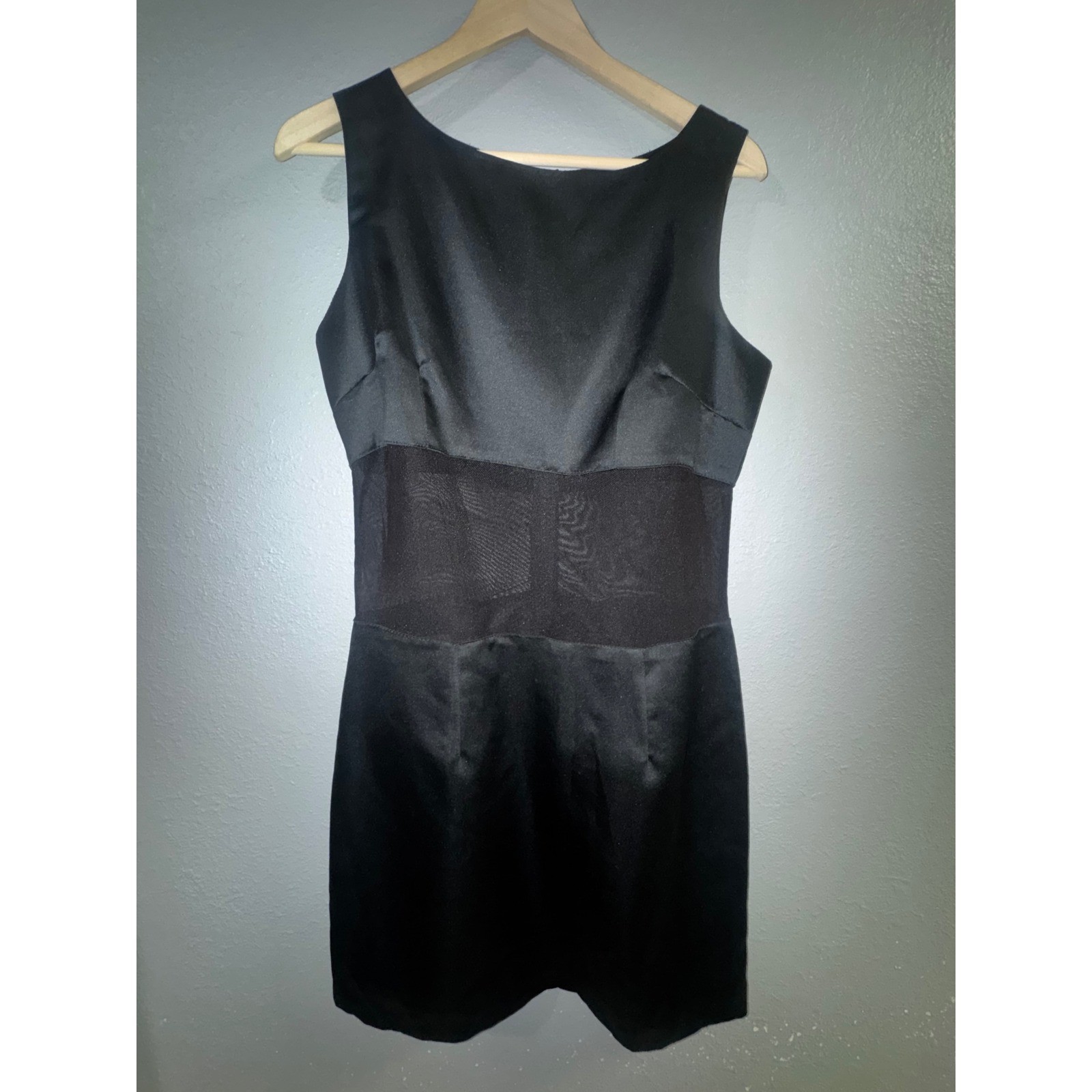 Vintage Jay Jacobs Black Satin Mesh Midriff Mini Dress Sleeveless USA Made 11/12