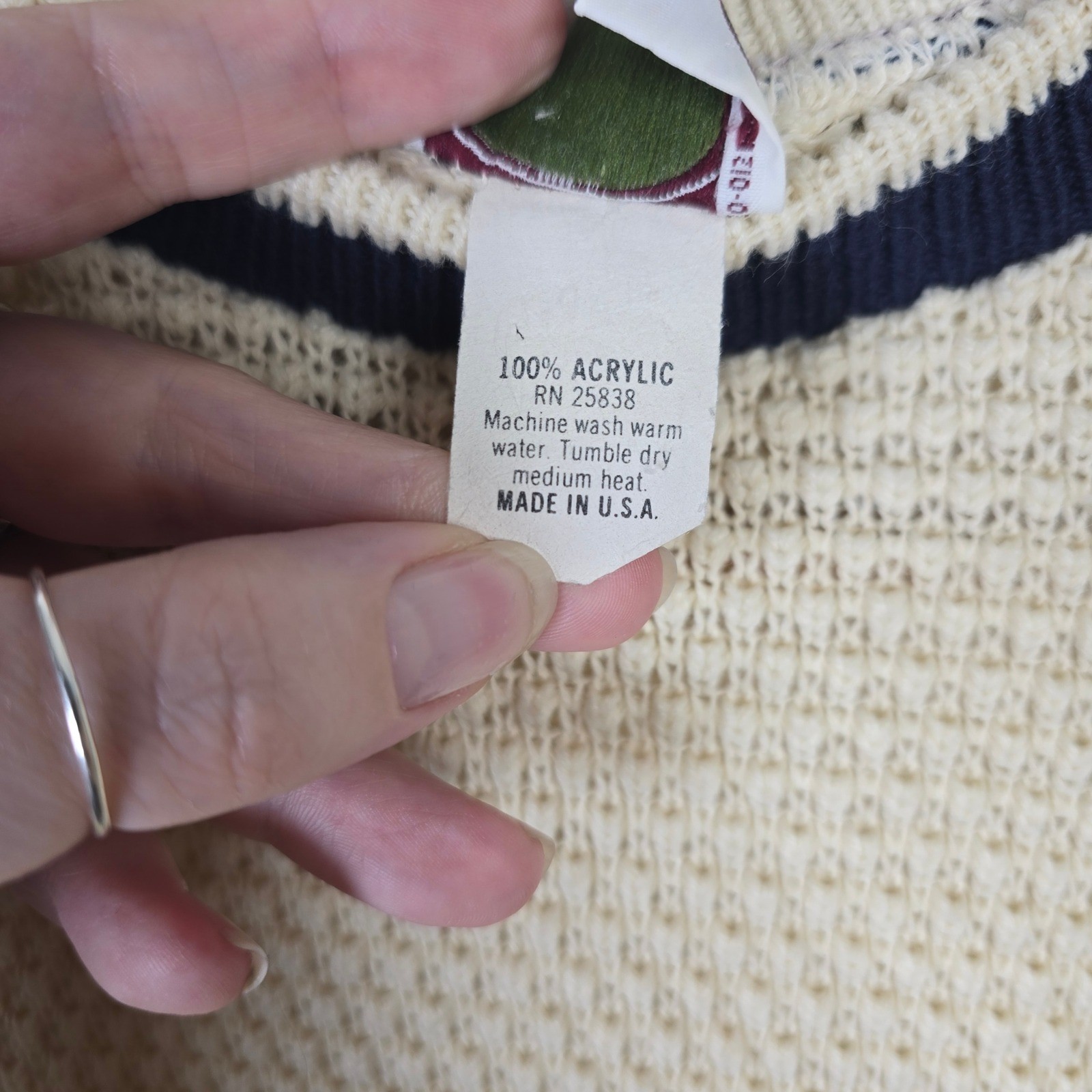 Picket and Post Vintage Womens Petite Floral Knit Sweater Cream Navy Blue USA