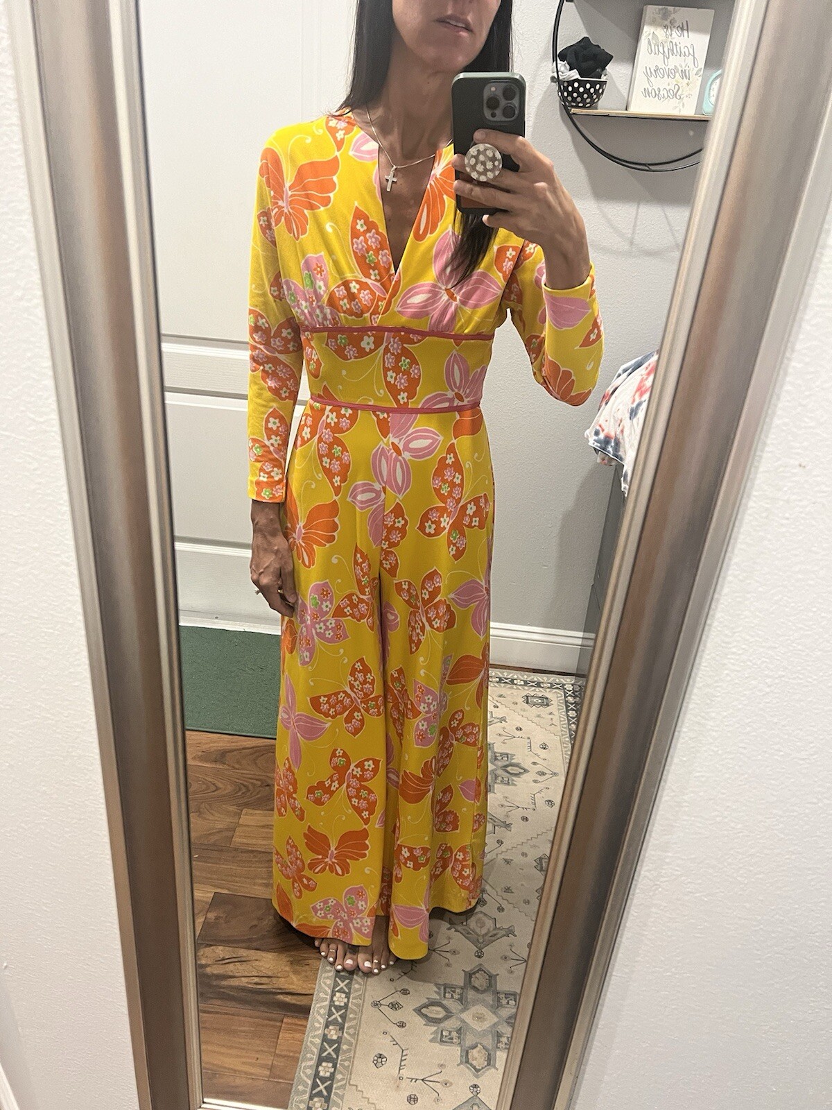 Vtg Adde’ Floral Yellow Pink Butterfly Pantsuit 70s Pantsuit rare