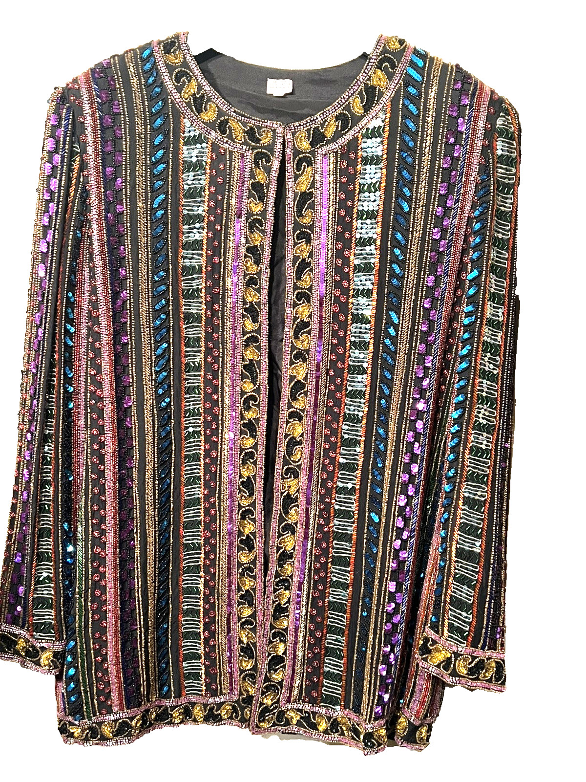 GORGEOUS Jacket FLORAL BEADED SEQUINS-Silk Vintage-E/C X LARGE