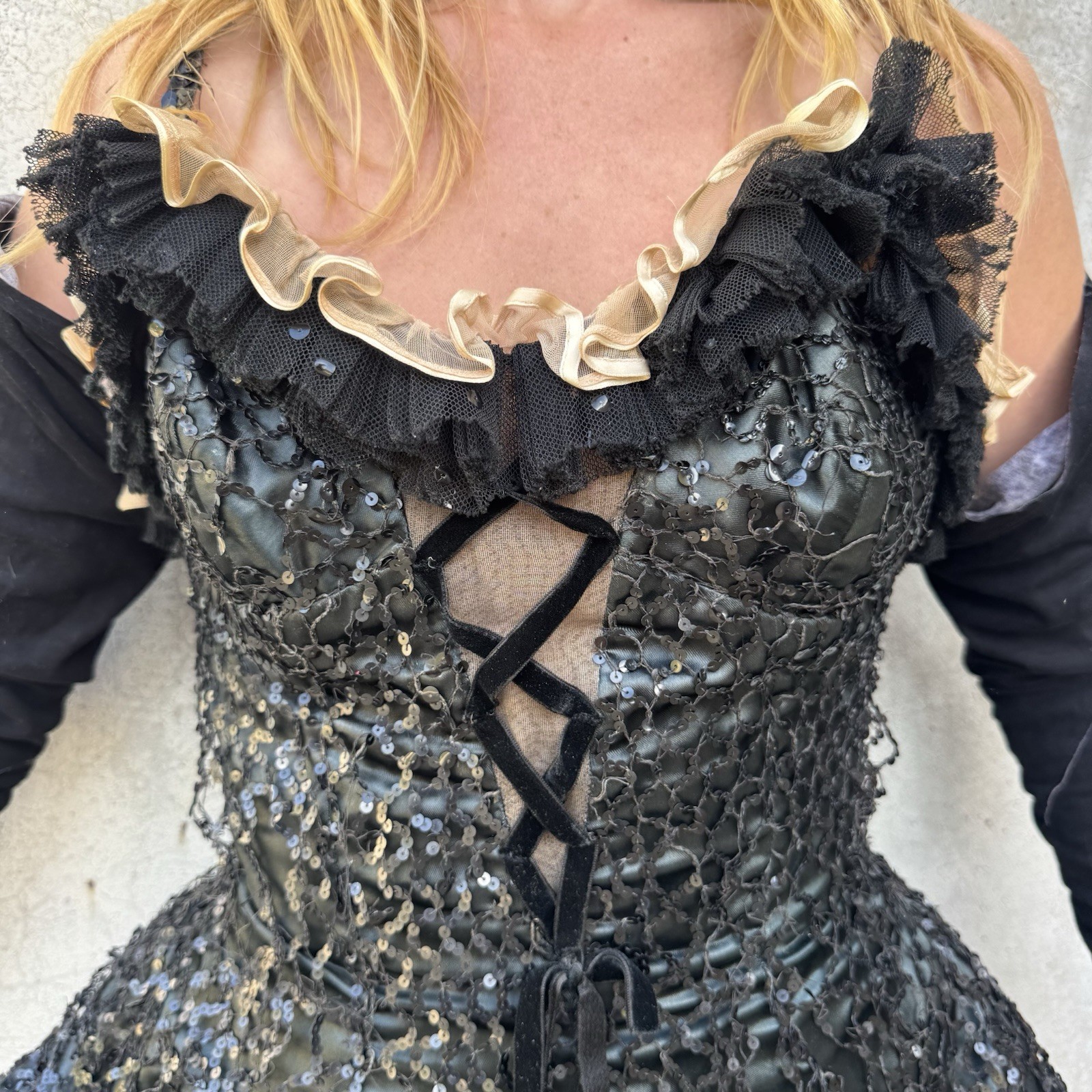Vintage 1930s Sequin, Satin & Ruffle Paramount Showgirl Dress Burlesque Corset