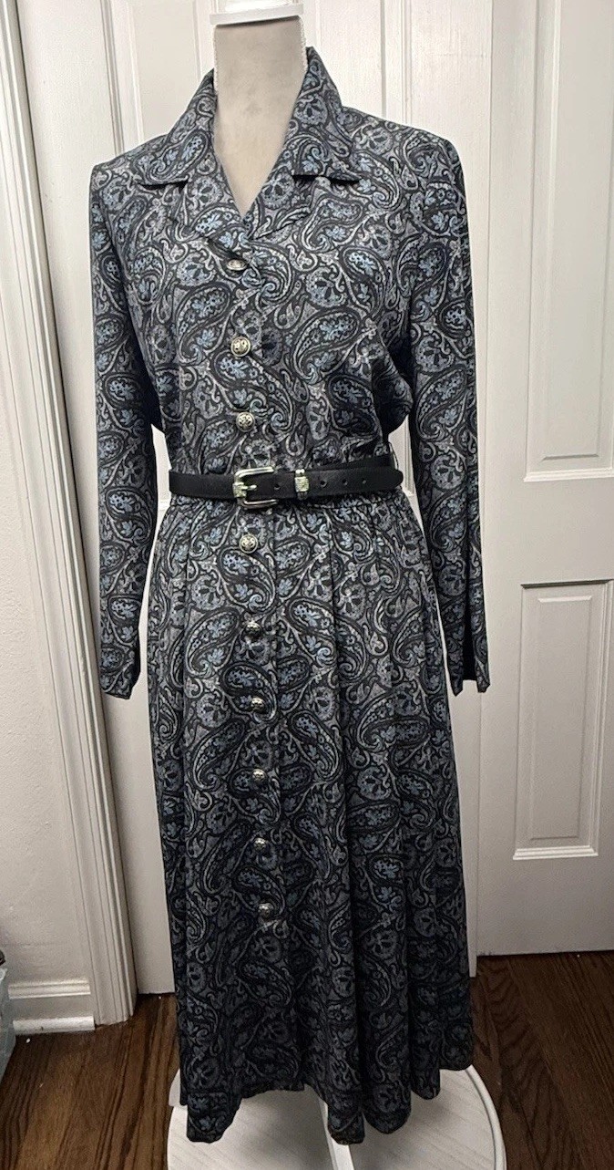 VTG Leslie Fay Career Dress Button Up Size 10 Blue Gray Paisley Conservative