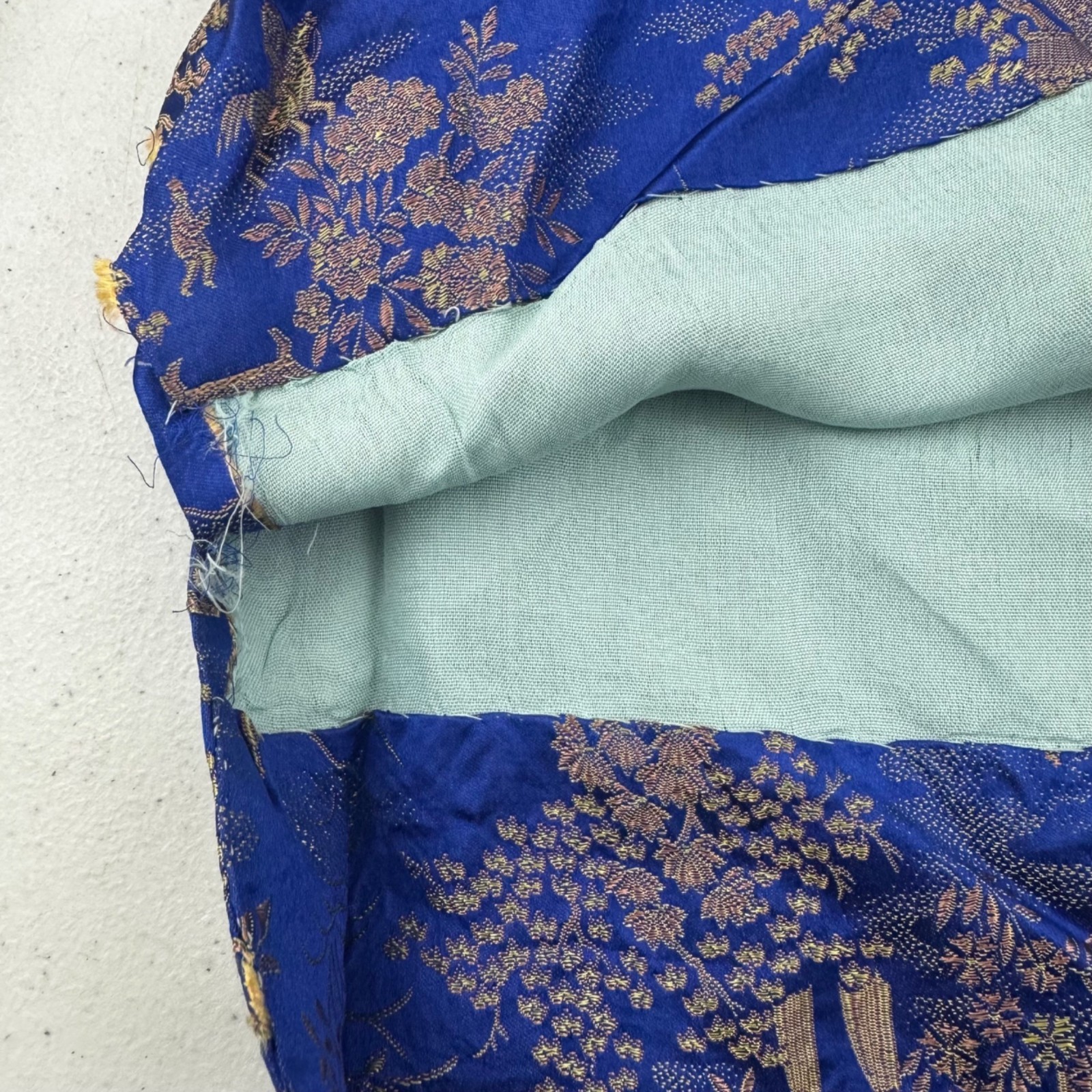 Vintage Blue & Gold Asian Brocade Cheongsam Dress With High Collar & Side Button