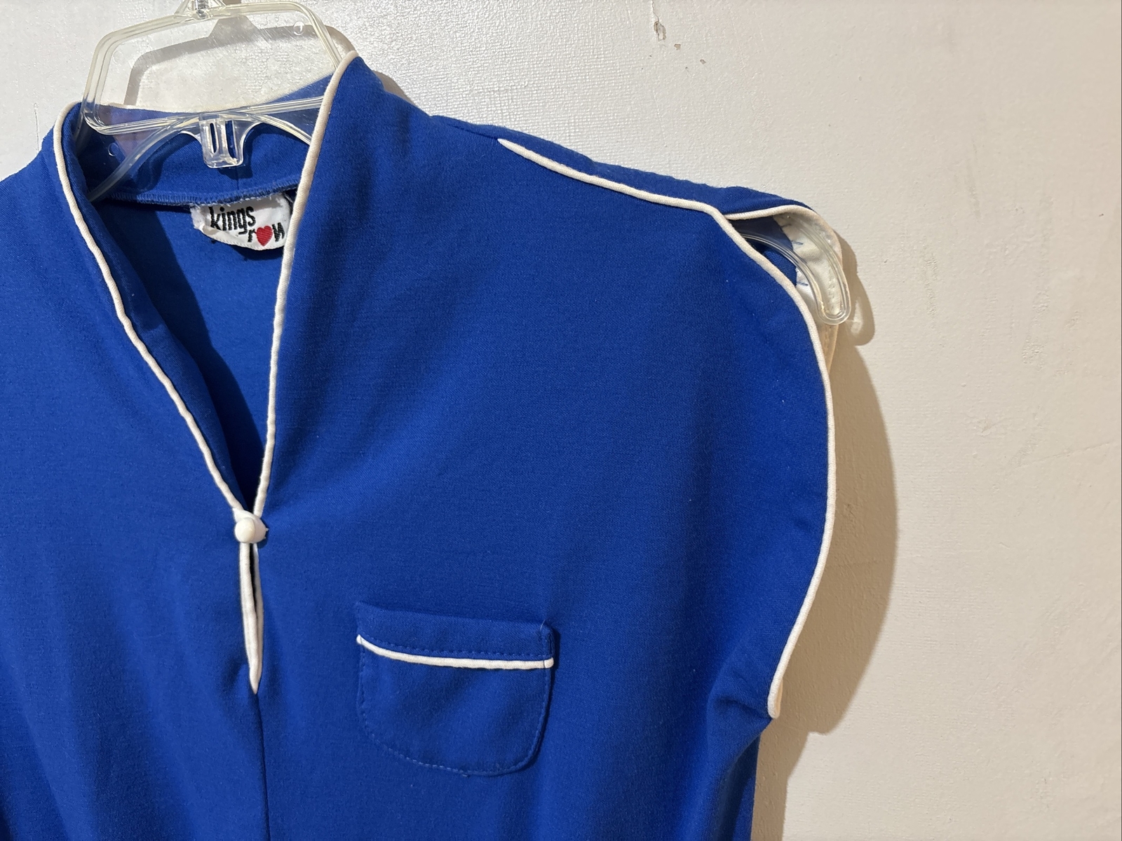 Vtg Kings Row Shirt Dress Womens 9 Blue White Trim Short Sleeve Knit Knee Length