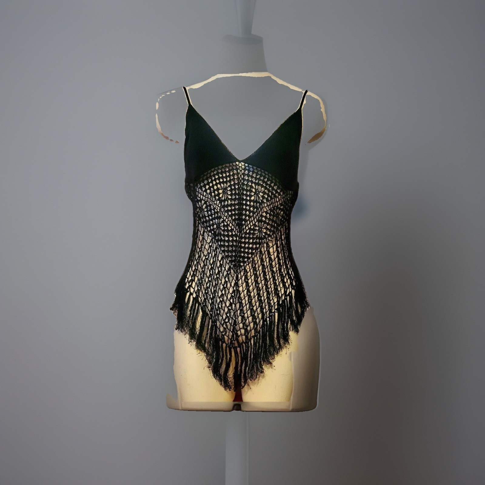 VTG Victorias Secret Cami Fringe Crochet Chemise Wicked Sexy Black New Tag Large