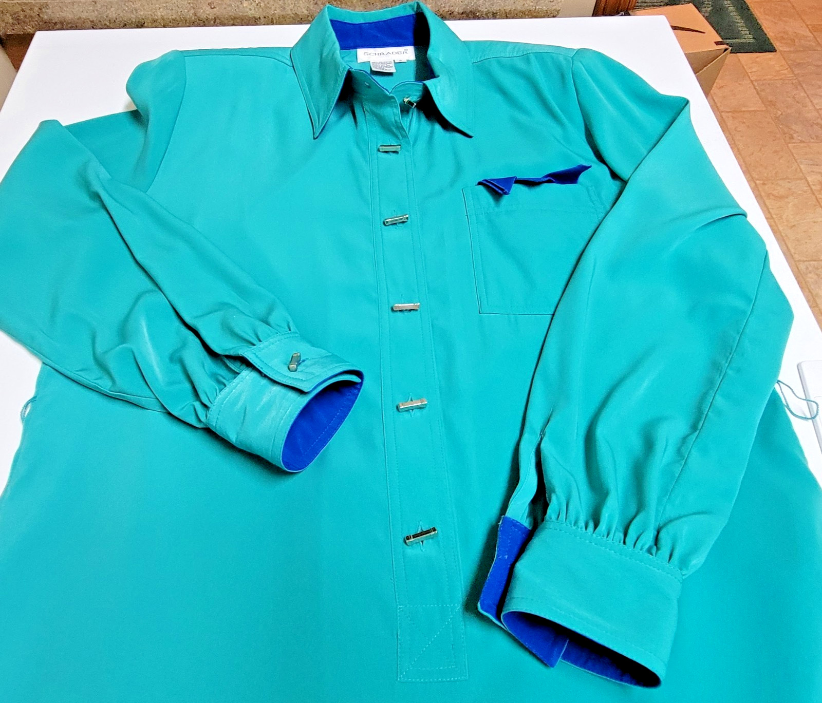 Vtg SCHRADER Shirt DRESS Sz 8 Emerald Green Long Sleeve Pockets Belt Half Button