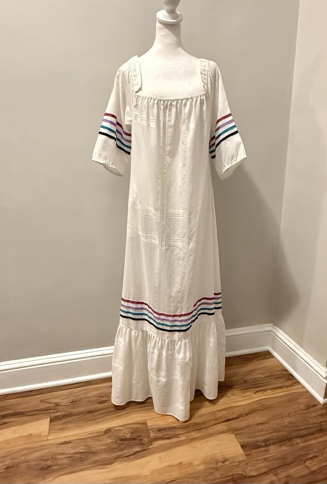 Vtg Liberty House Carol Bennett Kaftan Maxi Dress White Colorful Ribbon M READ