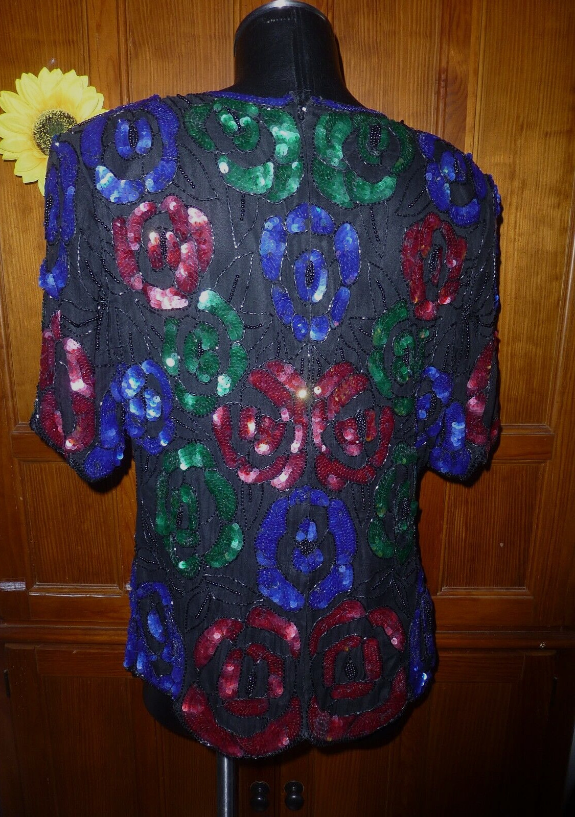 Vtg 80s SEQUIN Beads Embroidered SILK Floral Evening Party Top Blouse XL